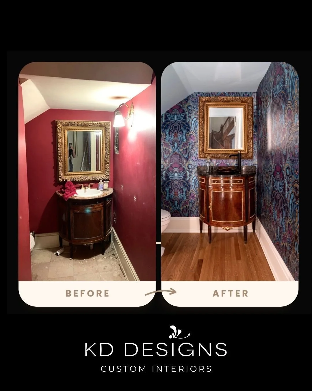 We&rsquo;re loving the vibrant eclectic charm of this petite powder room. Bold paisley wallpaper paired with a spa-blue ceiling celebrates our client&rsquo;s love of color while honoring the home&rsquo;s historic character. An antique vanity, refresh