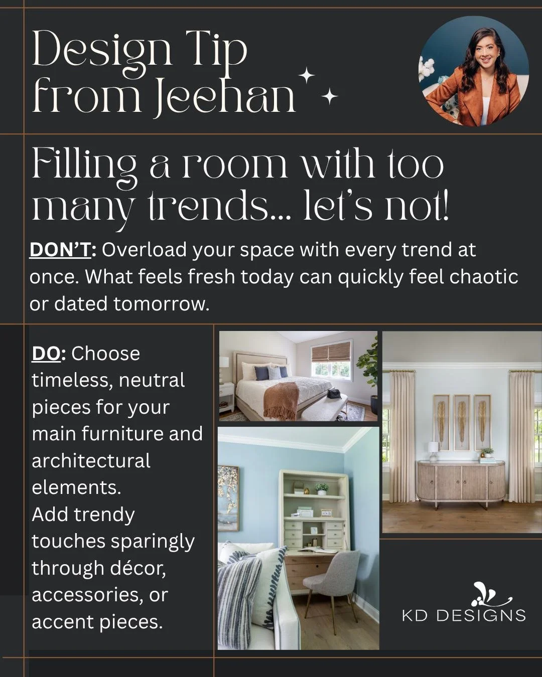 Filling a room with too many trends... It&rsquo;s tempting to try them all, but layering trend on trend can make a space feel chaotic and quickly dated. Check out these design tips from Jeehan instead! #KDDesigns #CustomInteriors #DesignTips #Interio