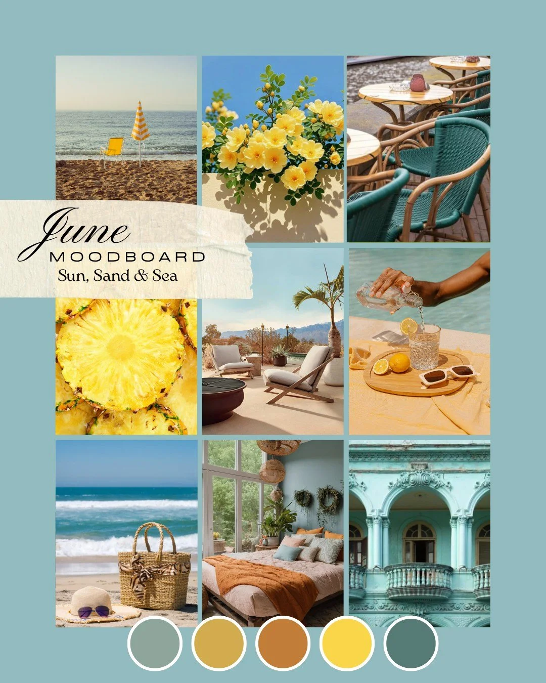 June energy: bright, warm, and effortless! #KDDesigns #CustomInteriors #HelloJune #JuneMoodboard #DesignInspo #SunSandAndSea
