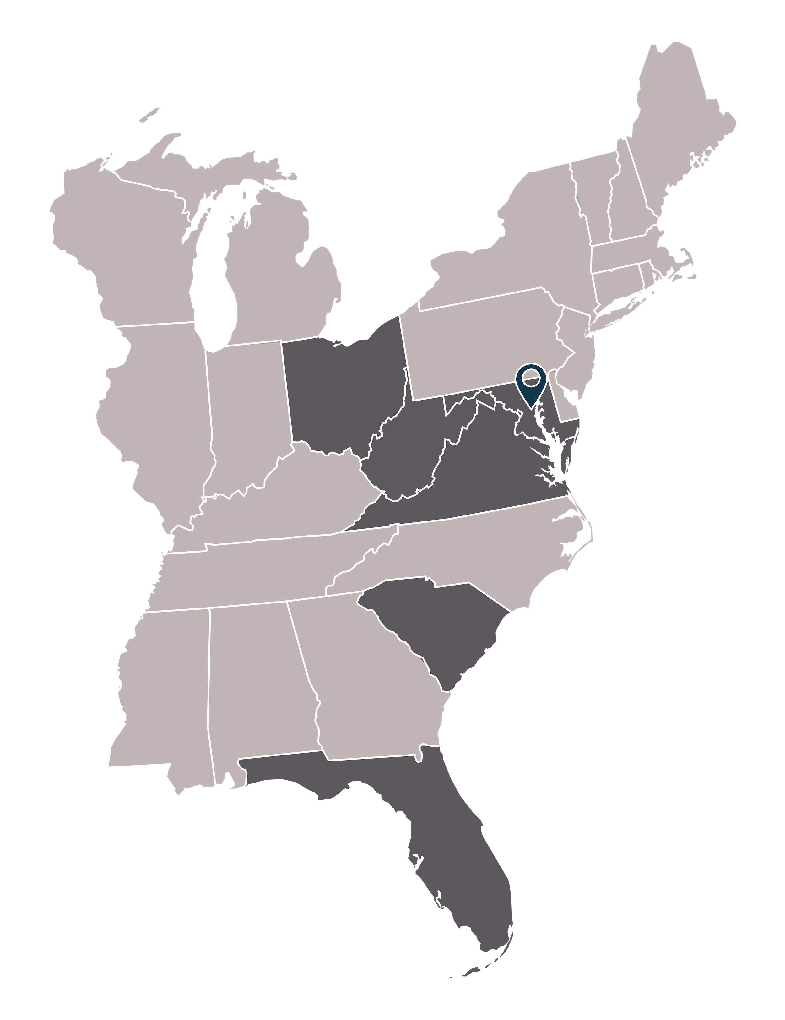 Map of the United States highlighting Maryland with a location pin.