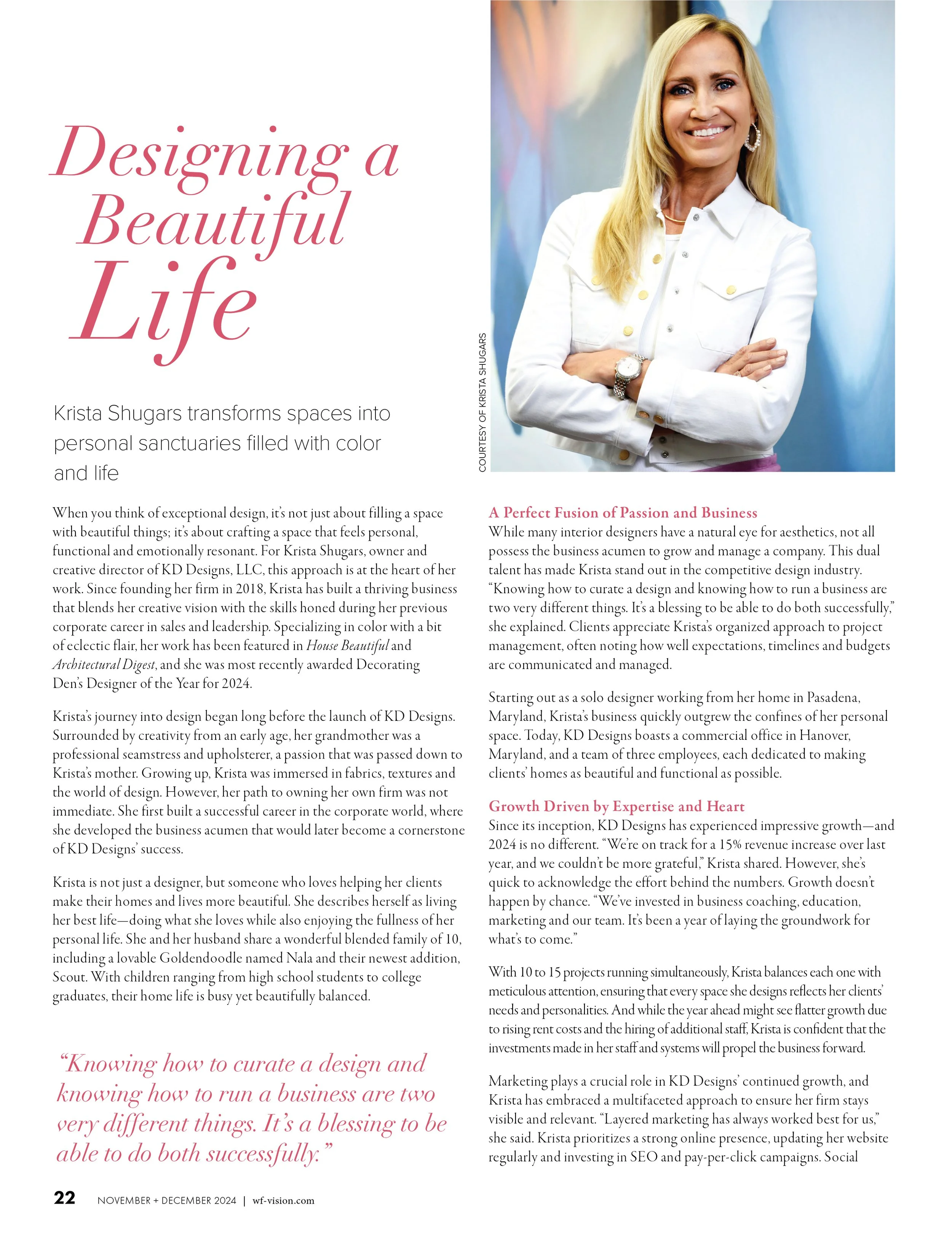 Magazine page featuring Krista Shugars with a portrait photo. The headline reads 'Designing a Beautiful Life,' and the article discusses her work in interior design and business success.