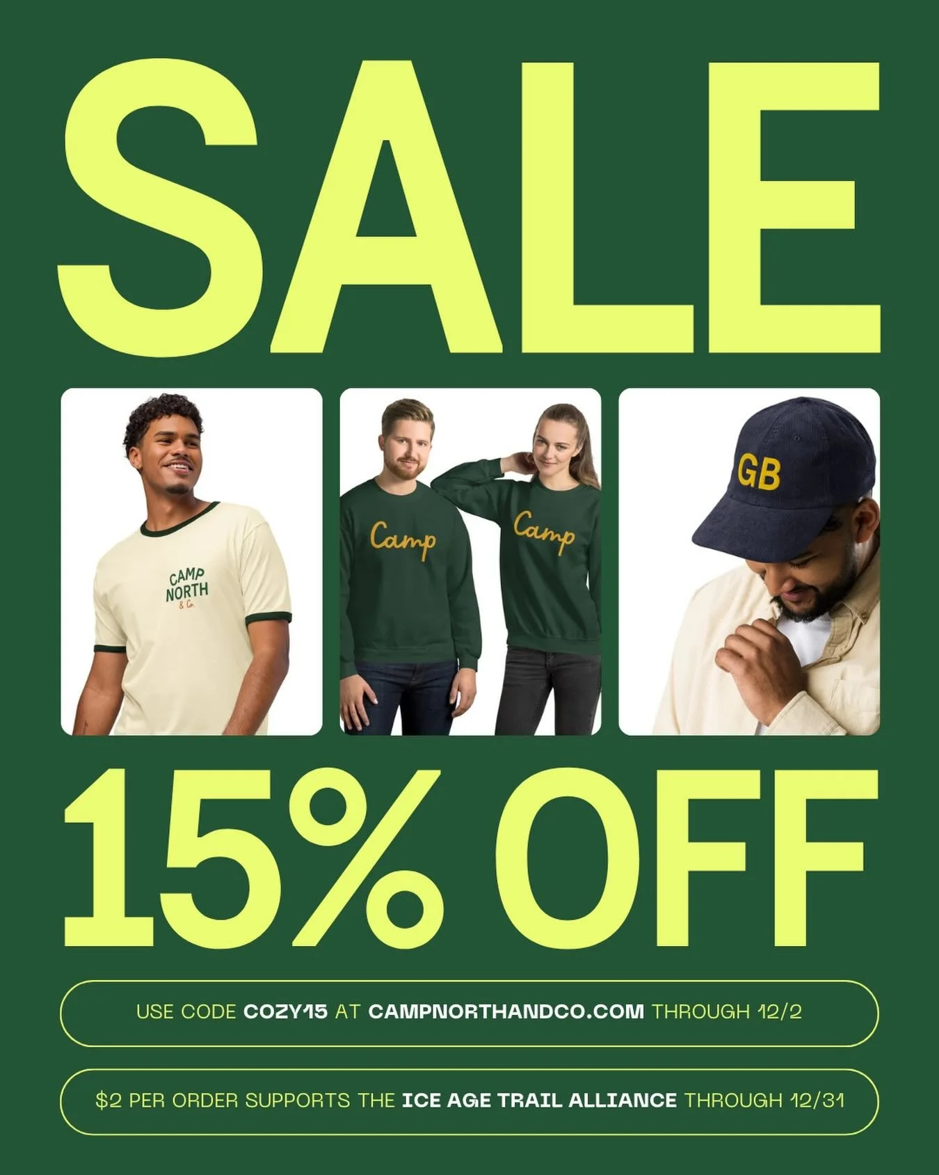 The Stay Cozy Sale is here. Enjoy 15% off everything with code COZY15 through 12/2/25.

And this year, we&rsquo;re giving back: $2 from every order through 12/31/25 will be donated to @iceagetrailorg (the Ice Age Trail Alliance), helping protect and 