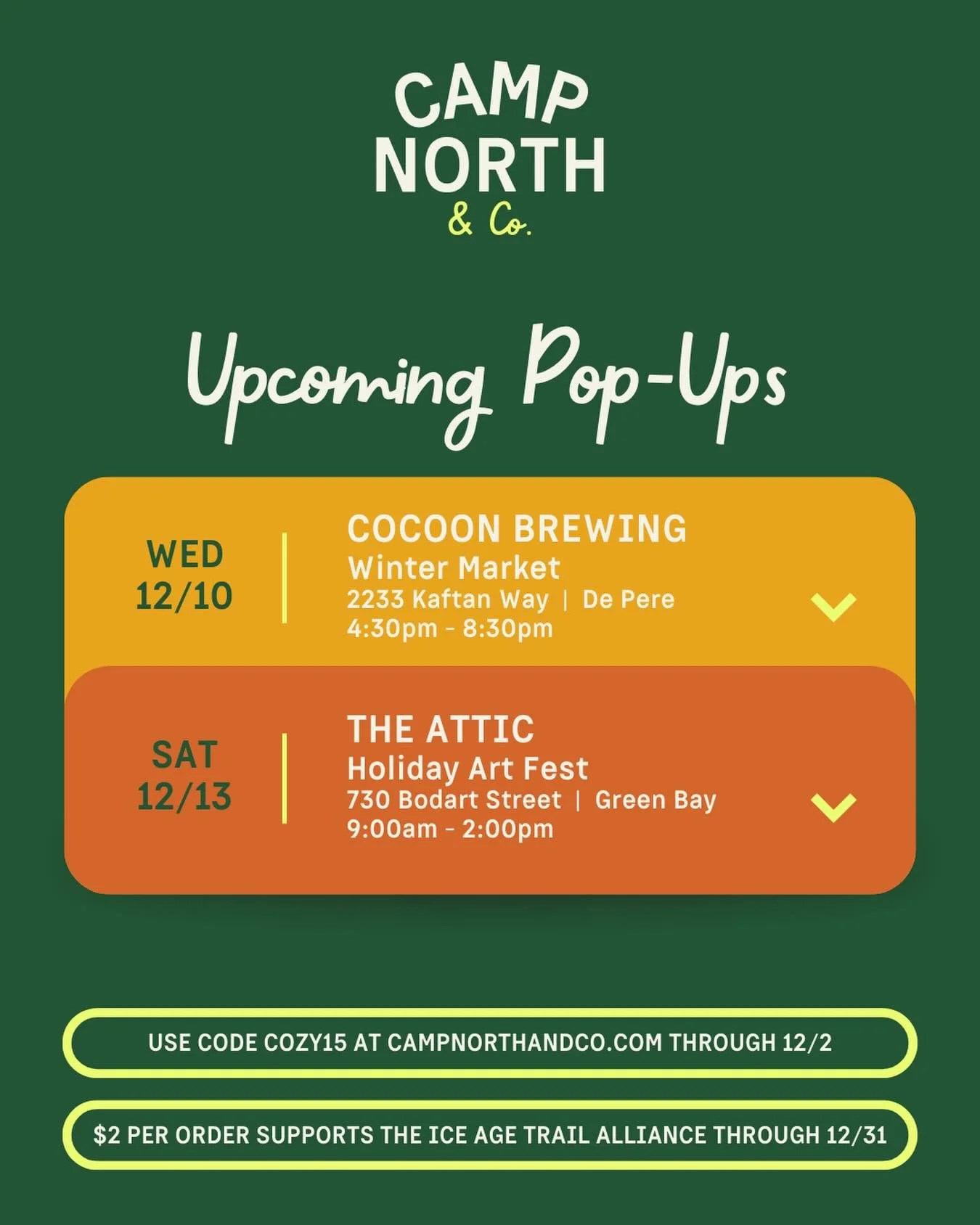 Camp North &amp; Co. is heading out of the studio and into the wild! 🌲

Catch us at our first-ever in-person events this December:
🍻 Cocoon Brewing &ndash; Wed., Dec. 10 | 4:30&ndash;8:30 p.m.
☕ The Attic &ndash; Sat., Dec. 13 | 9:00 a.m.&ndash;2:0