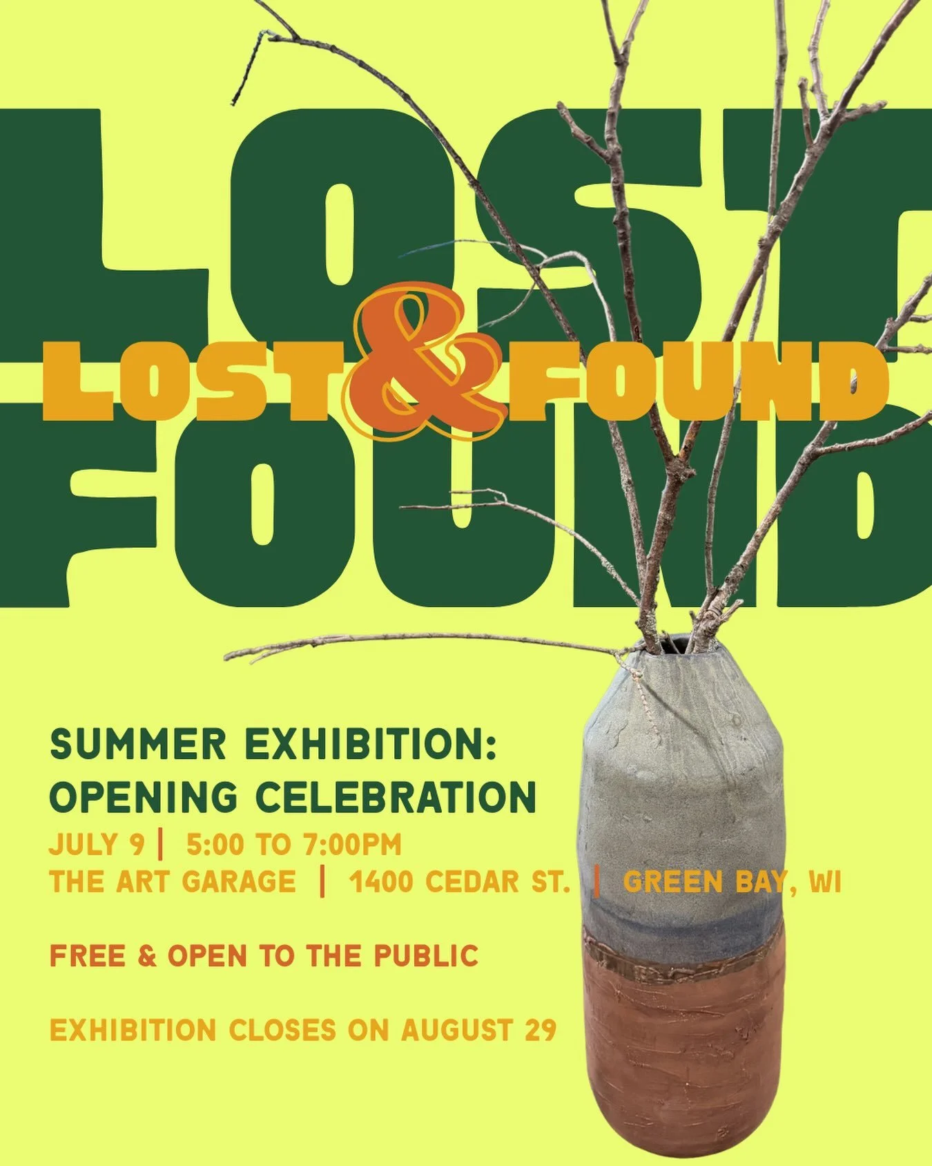 Lost &amp; Found opens this Thursday!

I&rsquo;d love for you to join me at the opening celebration and experience the exhibition in person.

📍 The Art Garage | 1400 Cedar St. | Green Bay, WI
🗓️ Thursday, July 9
🕔 5:00&ndash;7:00pm
🎟️ Free and op