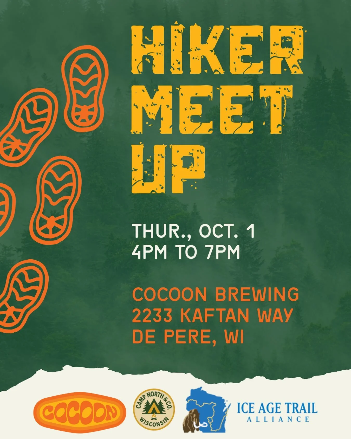 Tomorrow&rsquo;s the day! 🥾🍺🍕

Join Camp North &amp; Co., the Ice Age Trail Alliance, and Cocoon Brewing for a hiker meet up and the kickoff of the Mammoth Hike Challenge.

Come talk trail, meet fellow hikers, grab a brew, earn bonus miles, and sh
