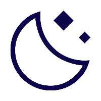 A stylized smiling crescent moon icon with two small square shapes near the top right.
