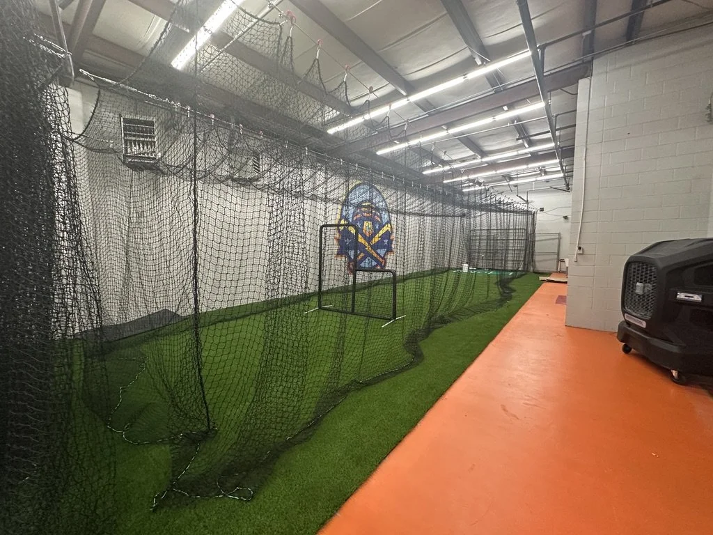 Indoor baseball or softball hitting cage with netting, artificial turf, and a target wall, with lighting and a vent on the ceiling.