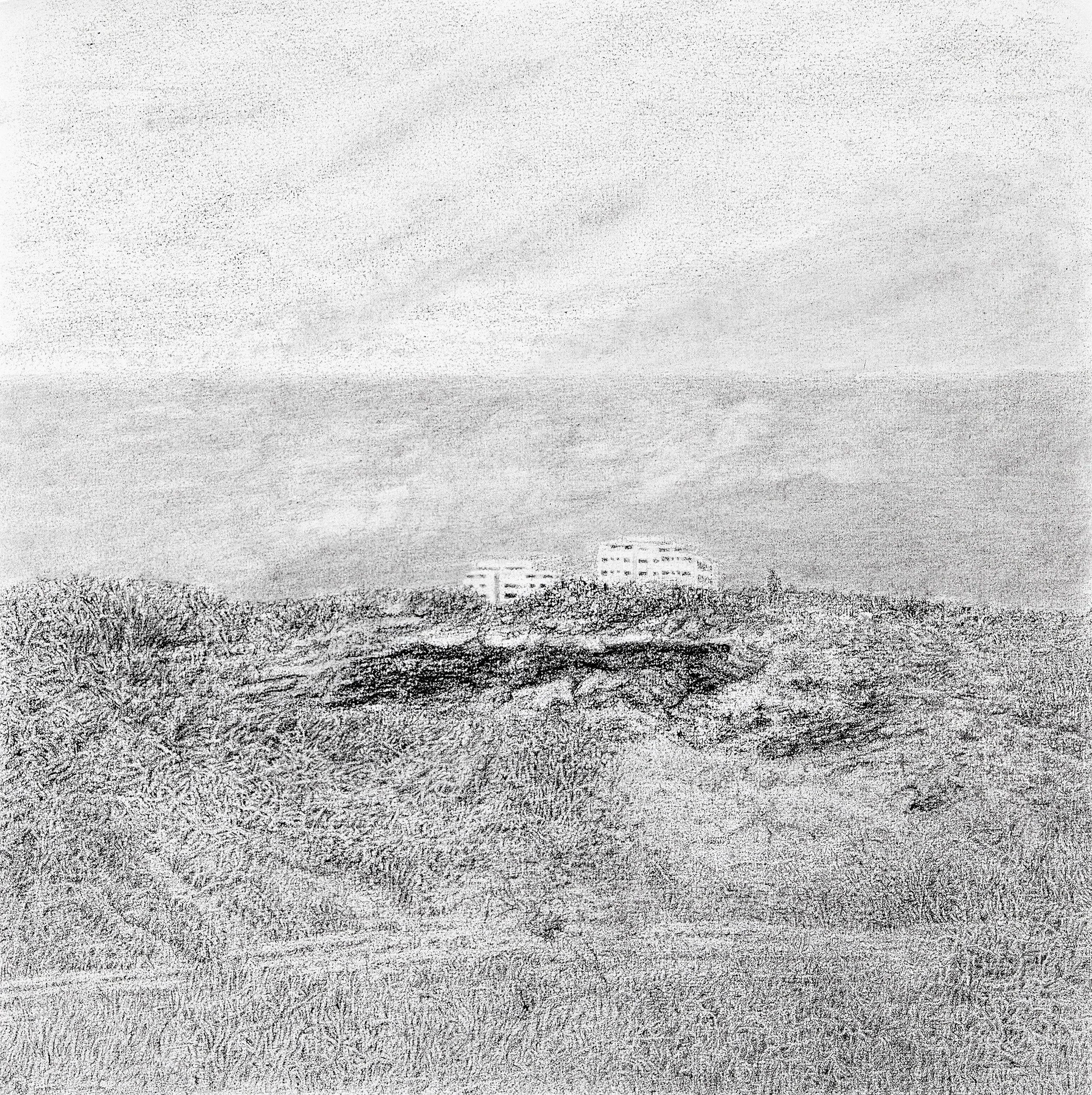 Residential Neighborhood 'Tochnit Lamed', A Figure of a Man on the Kurkar Ridge in front of Levy Eshkol Street, 2024
Graphite and charcoal on paper
29x29 cm (framed in bleached wood: 33.7x33.7 cm)