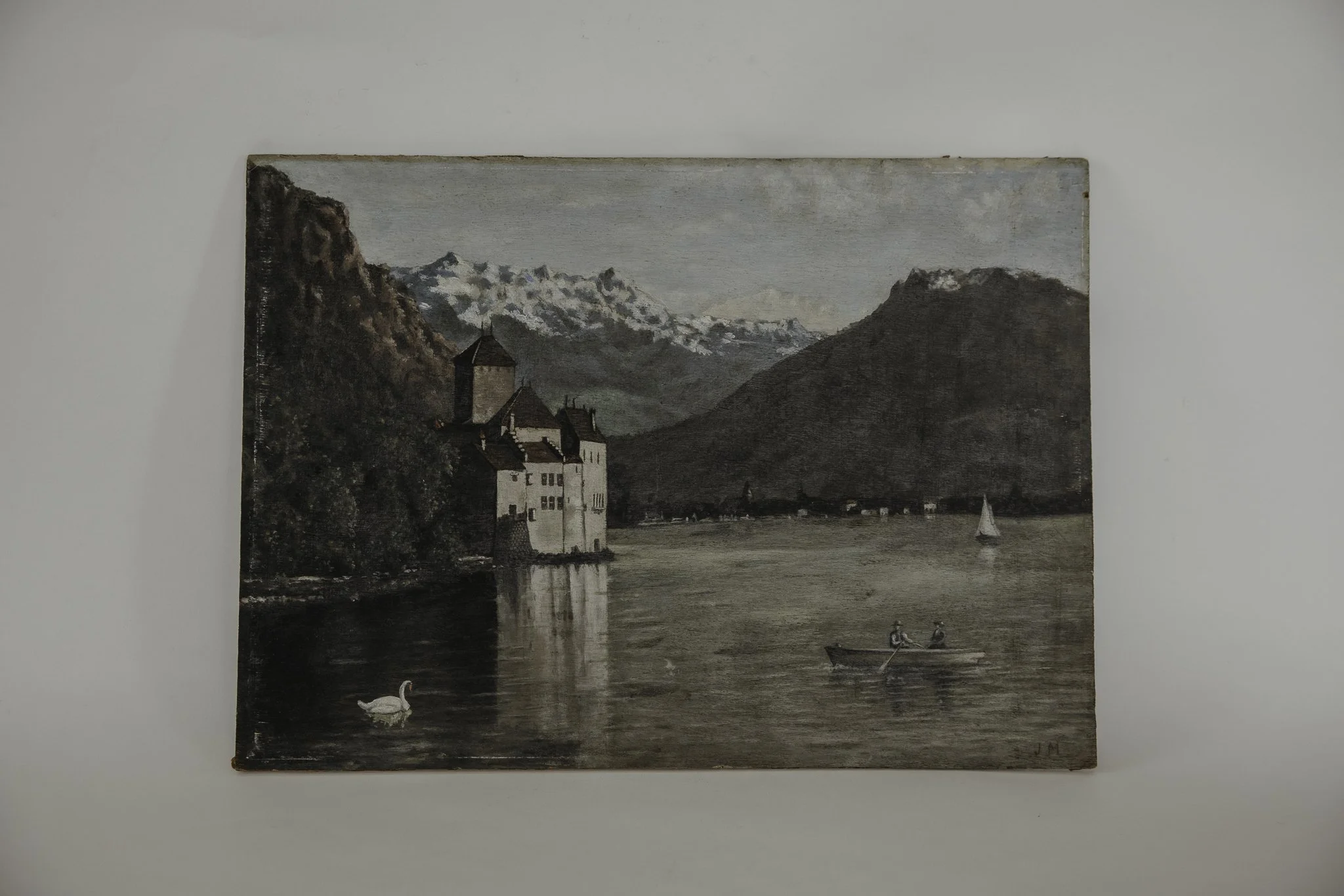 Antique Signed Swan Lake Oil Painting On Wood Board