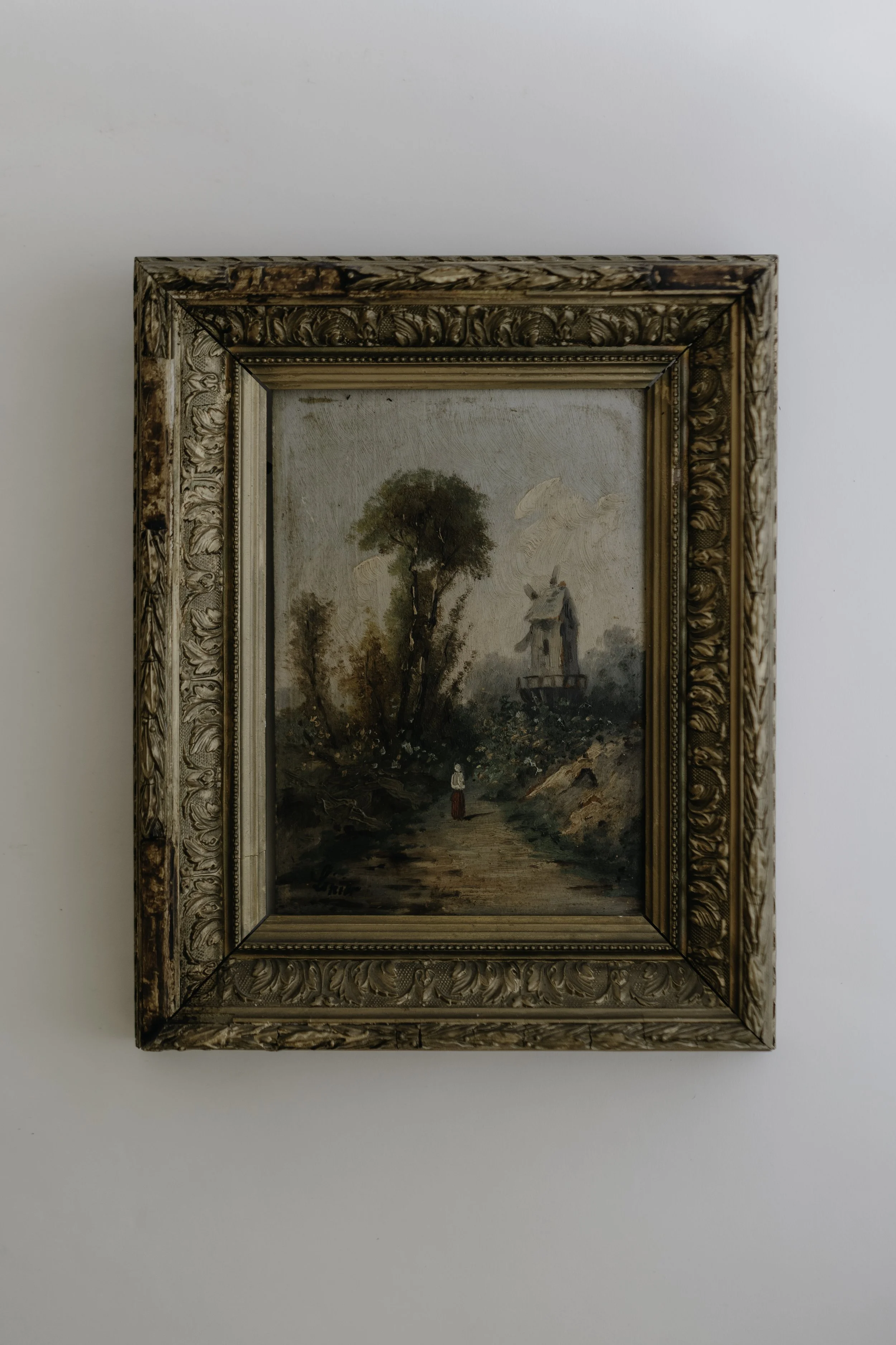 French Antique Windmill Oil Painting c. 19th century