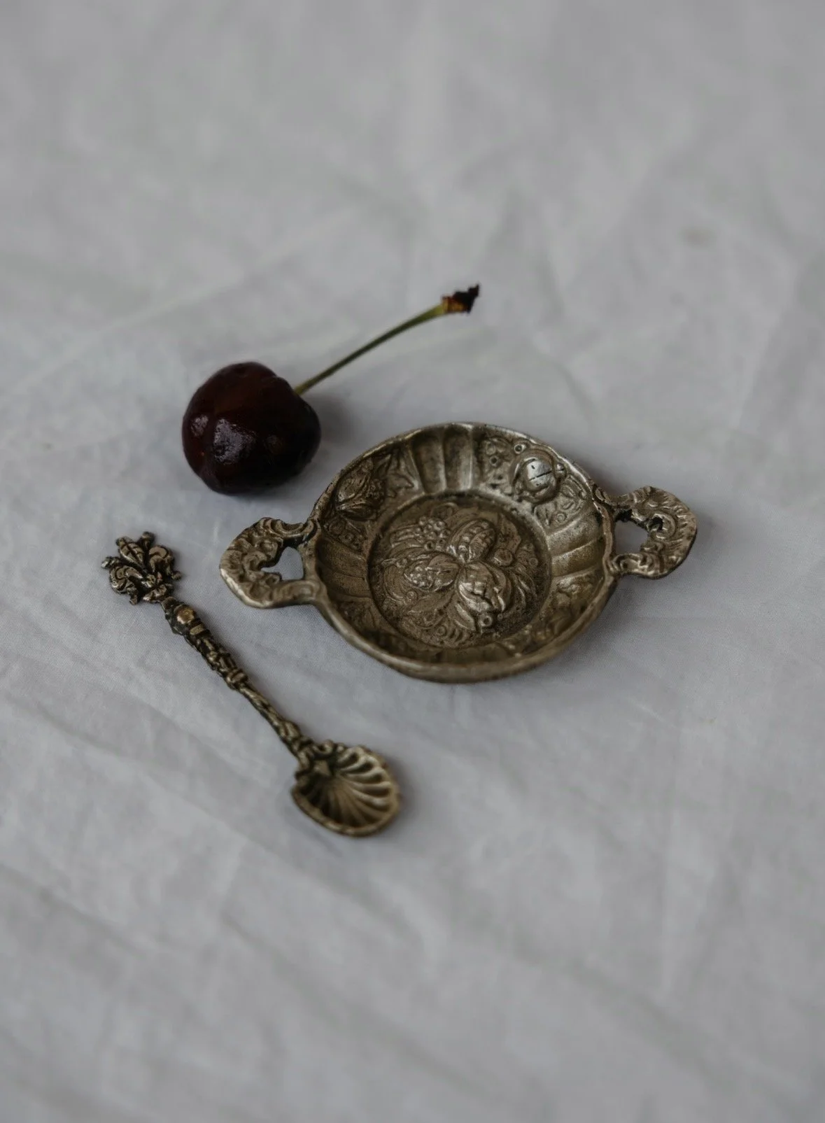 Antique European 800 Silver Repoussé Dish & Spoon set.