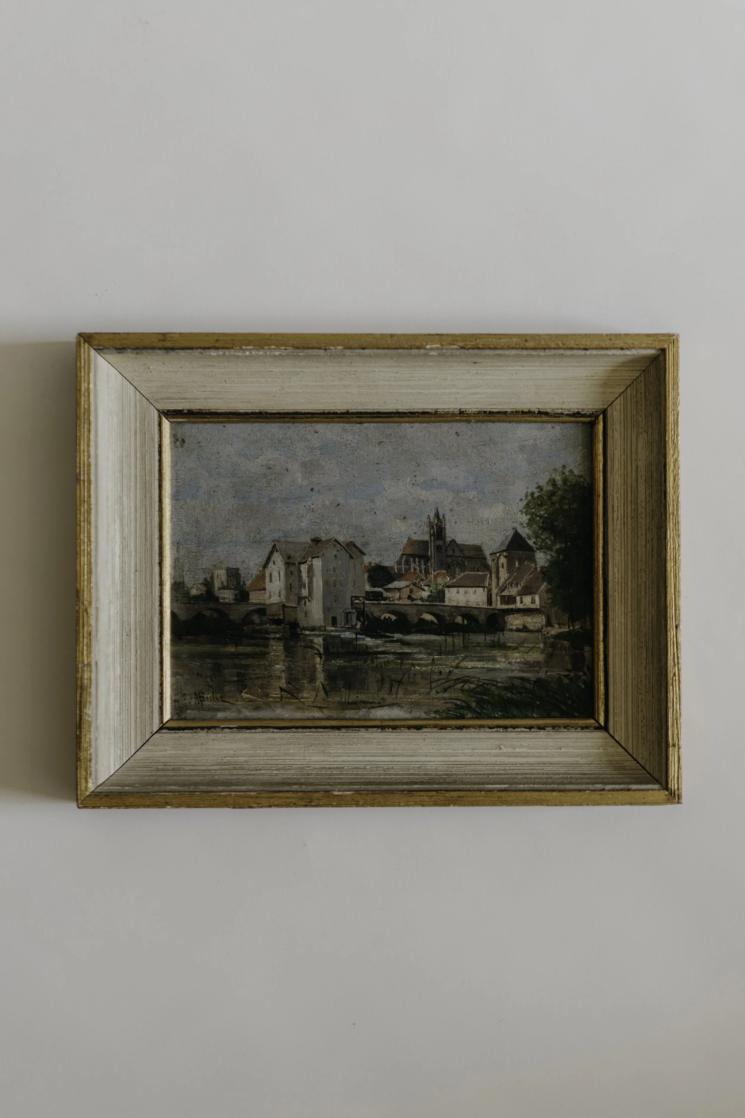 Charming Village on River Oil Painting - Signed