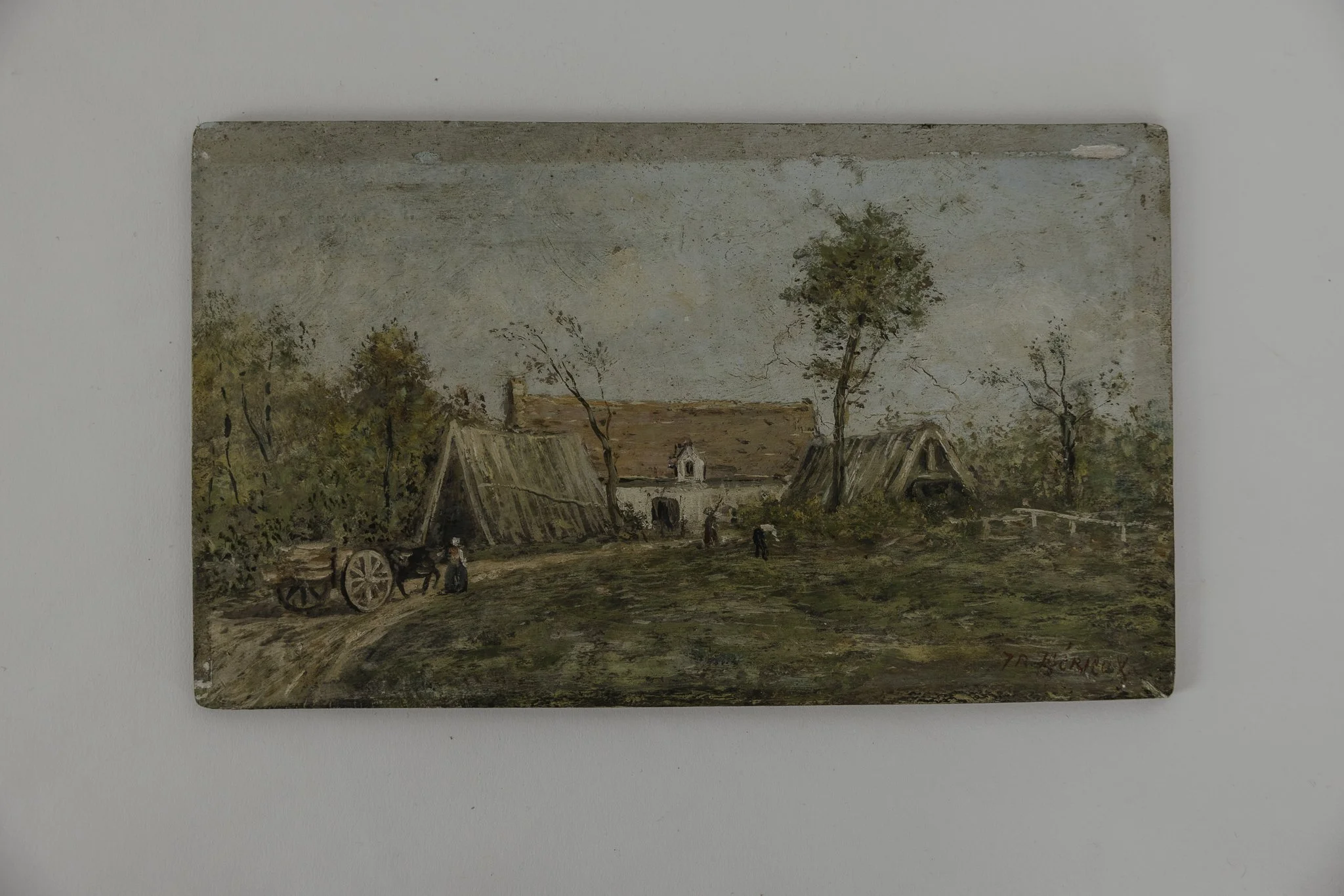 Antique French Folk Cottage & Cart Scene Oil Painting on Board