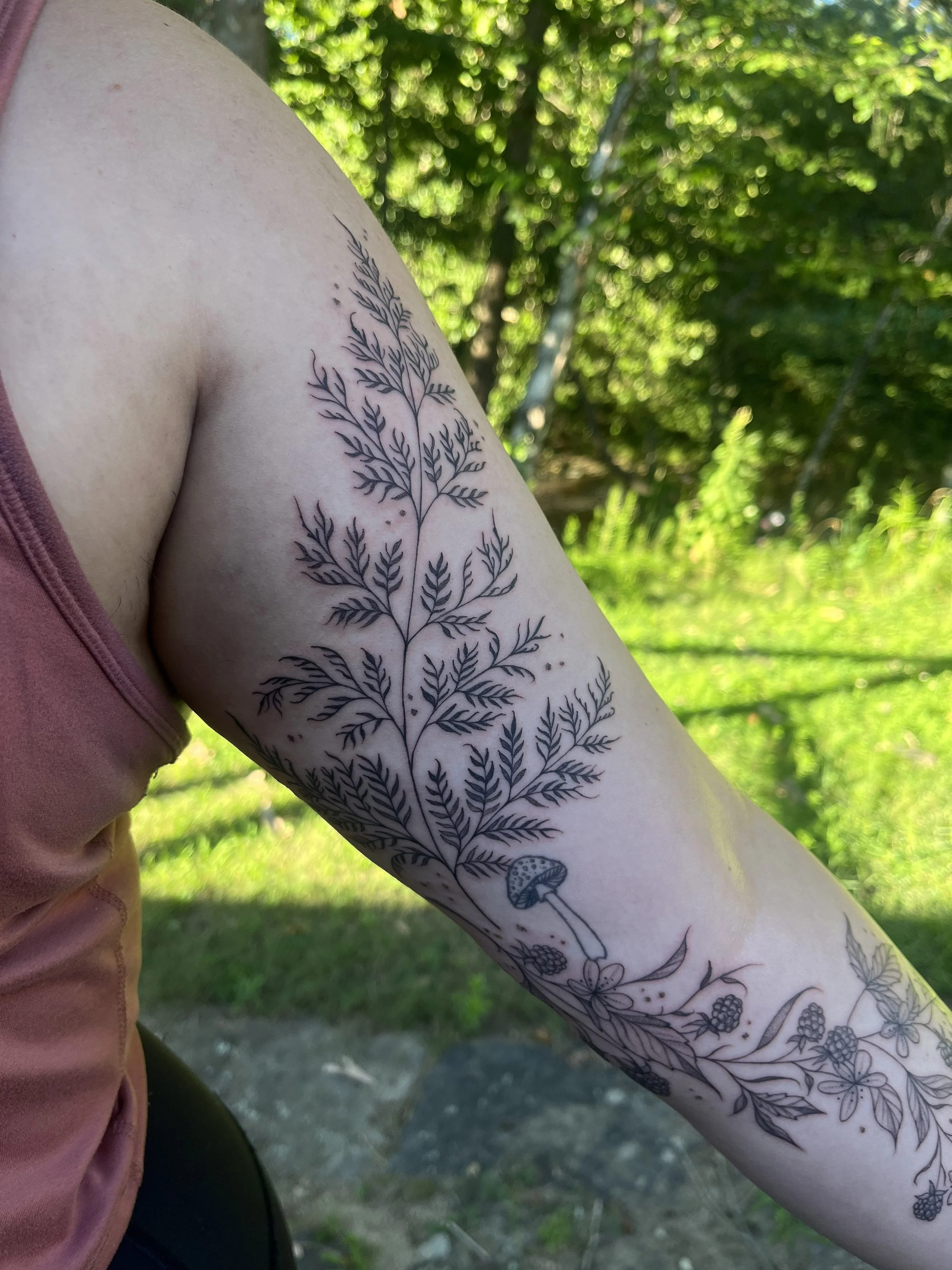 A detailed line tattoo of a botanical design featuring a large fern on the upper arm, decorated with mushrooms, berries, and flowers on the forearm.