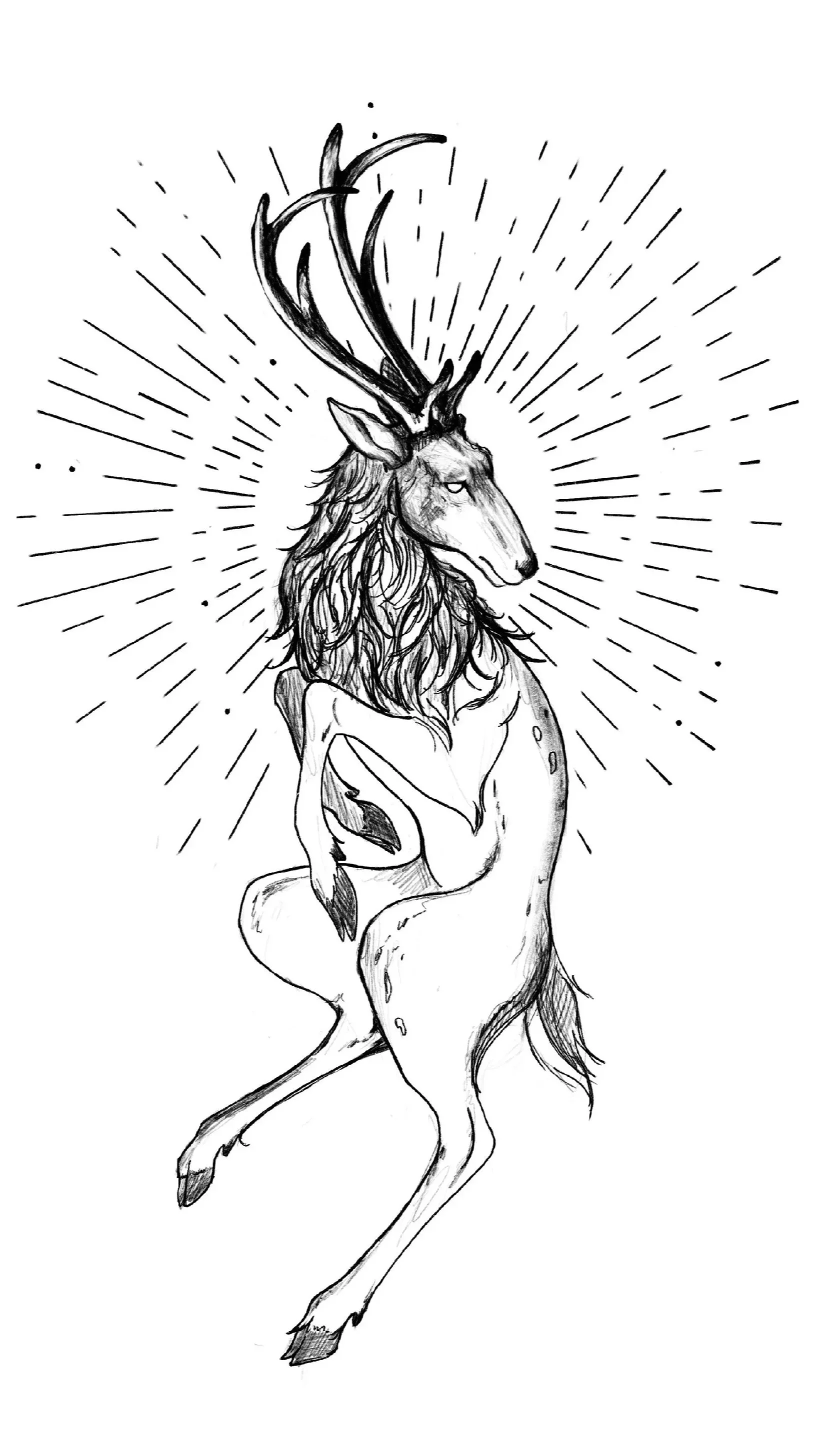 A black and white illustration of a mythical creature with the body of a horse, the head of a deer, and large antlers, surrounded by radiating lines. Tattoo stencil