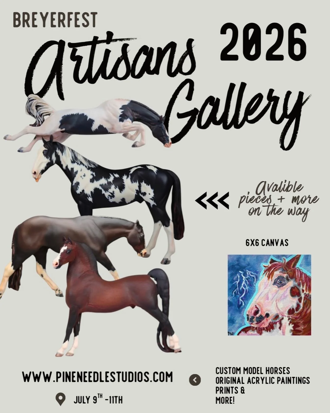 I would like to officially welcome myself back for the Breyerfest 2026 Artisans Gallery! This will be my third year vending and I cannot wait to be back! 

I will have a great assortment of models that will each come with their own pony pouch. Origin
