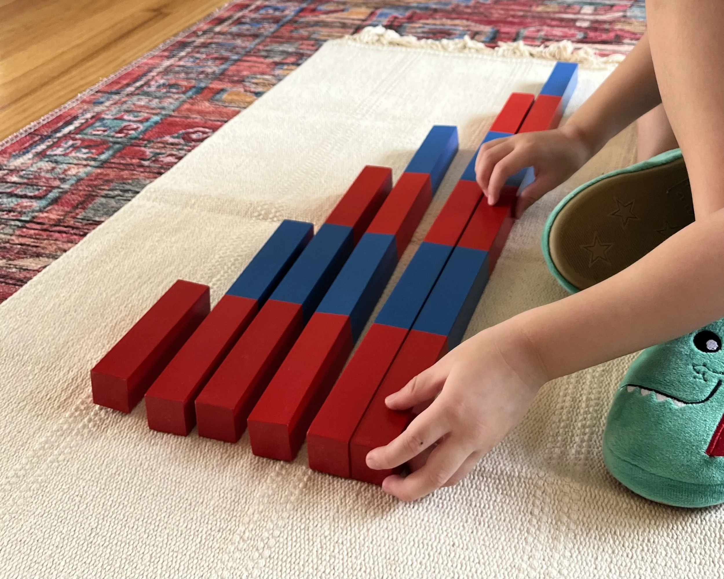 Montessori Math Lesson, Wooden Blocks for counting. Number Roods