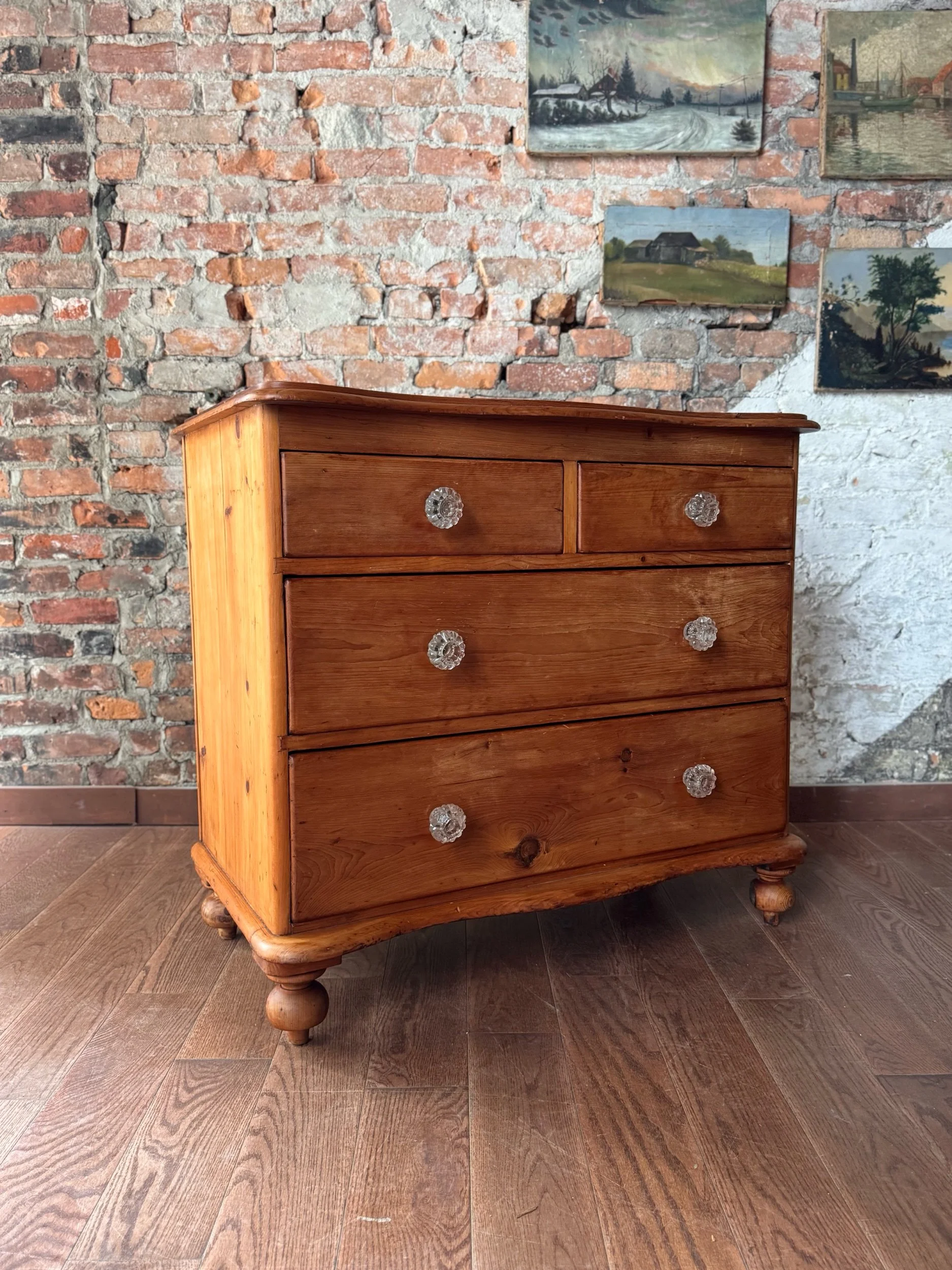 Antique English Pine Chest of Drawers with Glass Knobs | Circa 1890