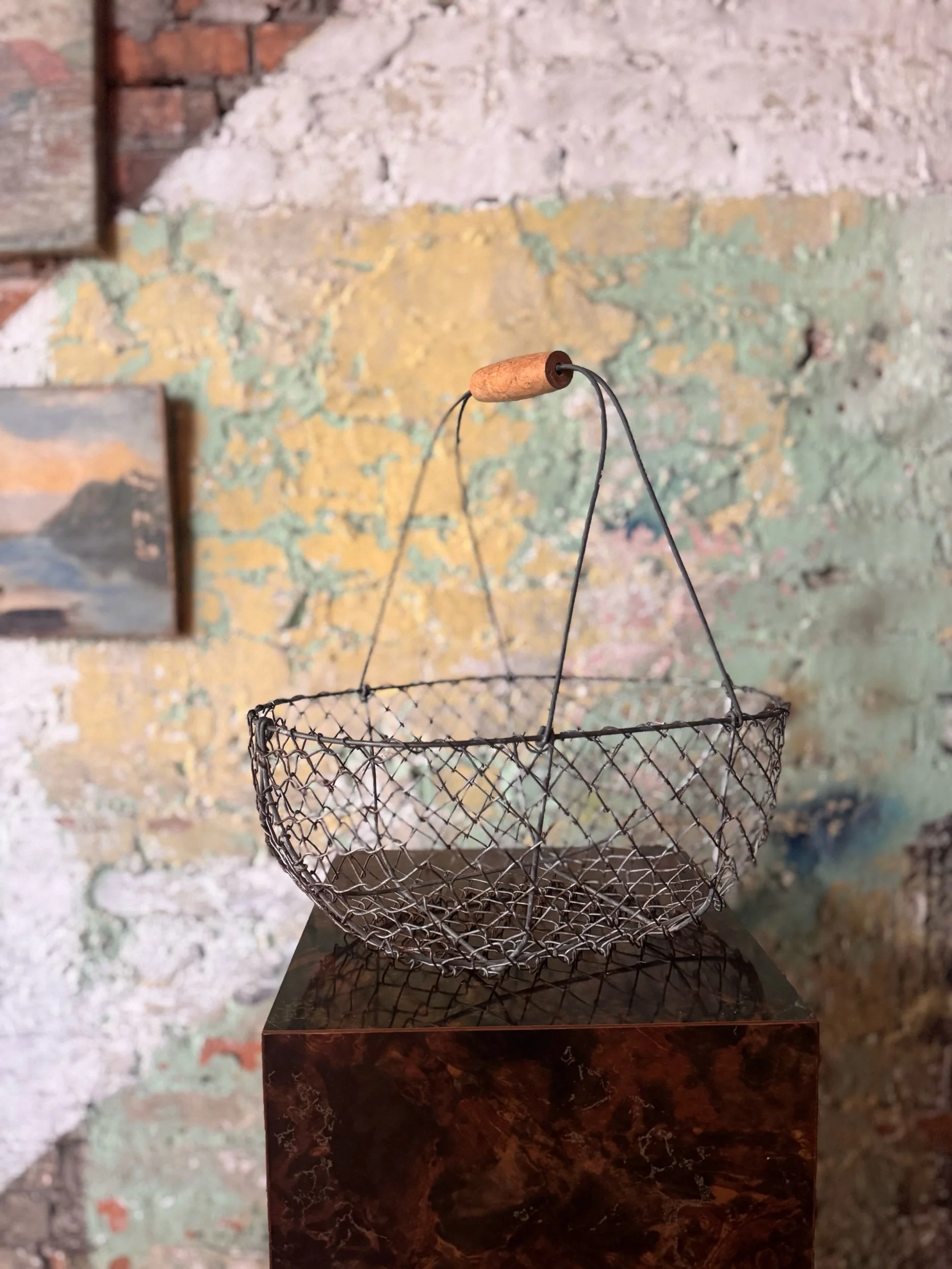 Early 20th Century Wire Gathering Basket with Wooden Handle | Circa 1920