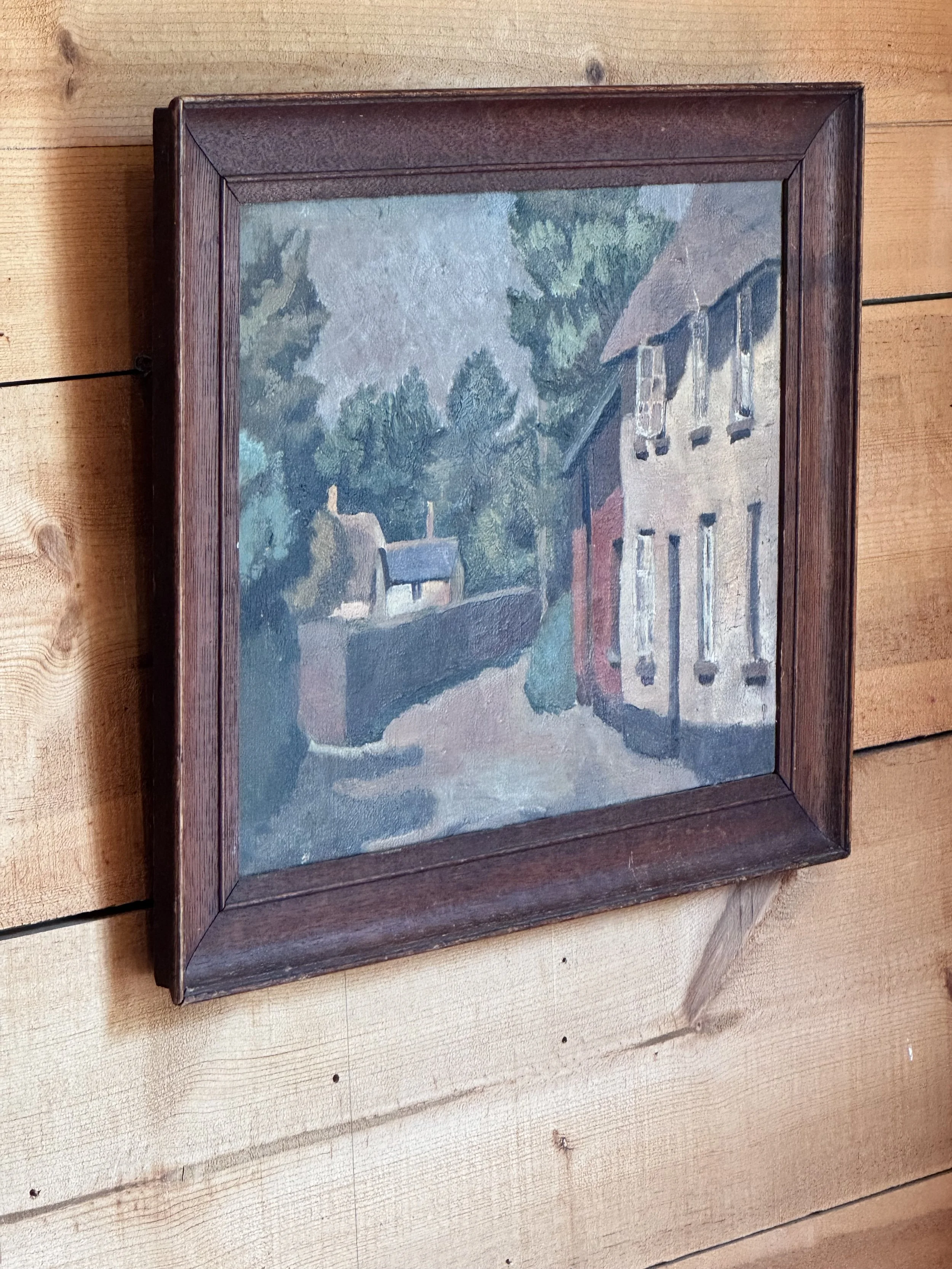 Antique English Oil Painting, Country Landscape Depicting House Along Provincial Road w/ Open Windows, Depicted in Wood Frame | Circa 1900