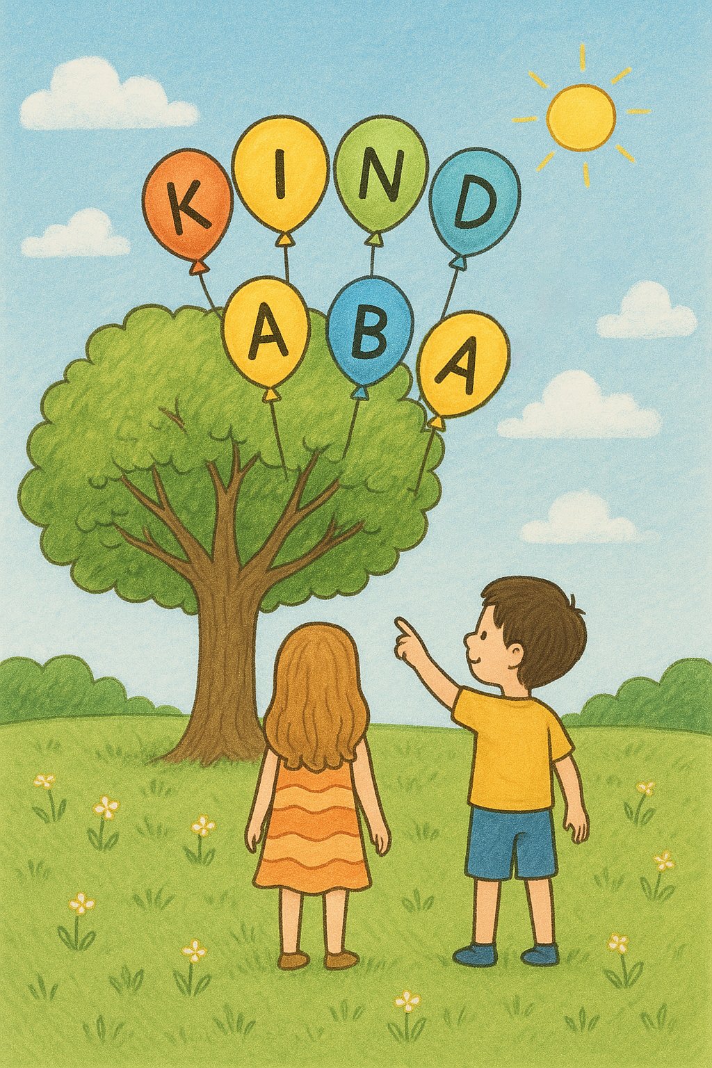 Children standing on grass in front of a tree with colorful balloons spelling out 'KIND' and 'A BA' in the sky, with a sun and clouds in the background.