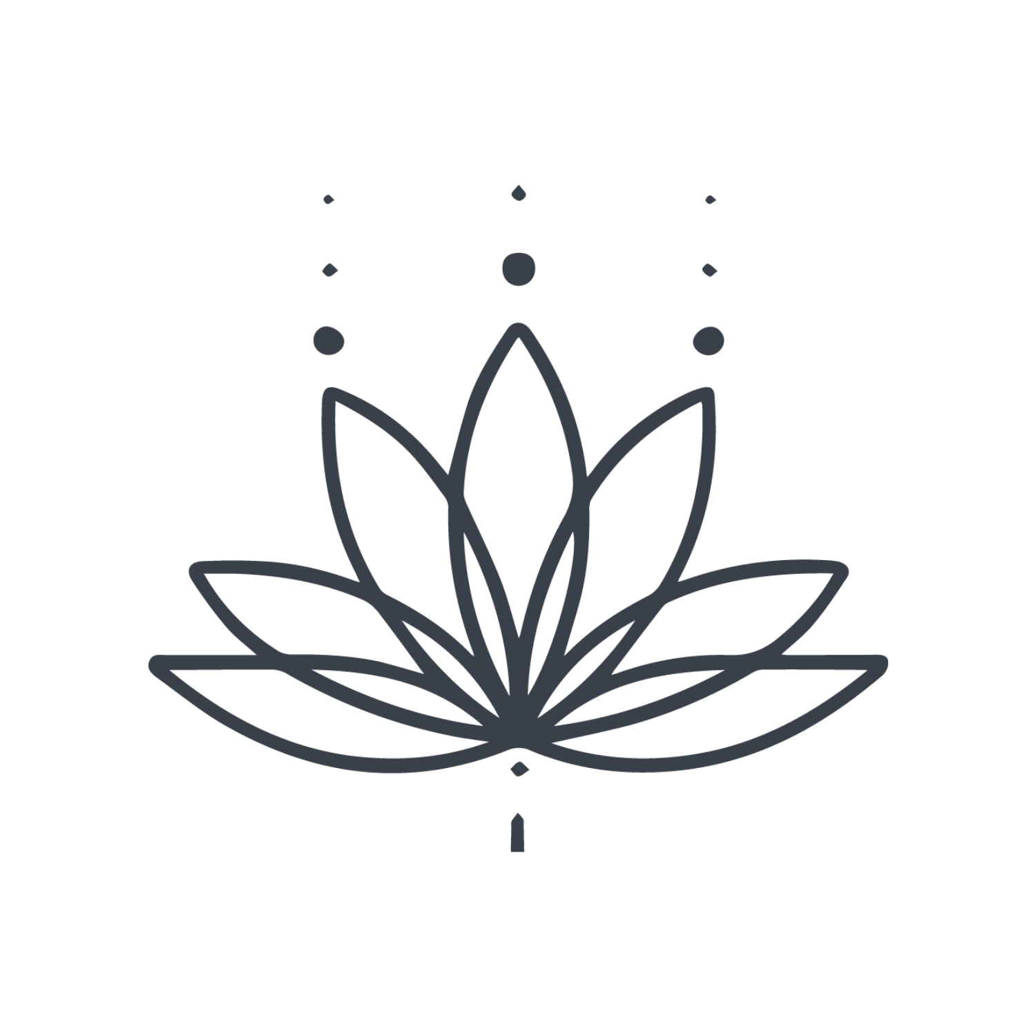 Outline of a lotus flower with a dotted vertical line above it and small dots around the top, on a black background.