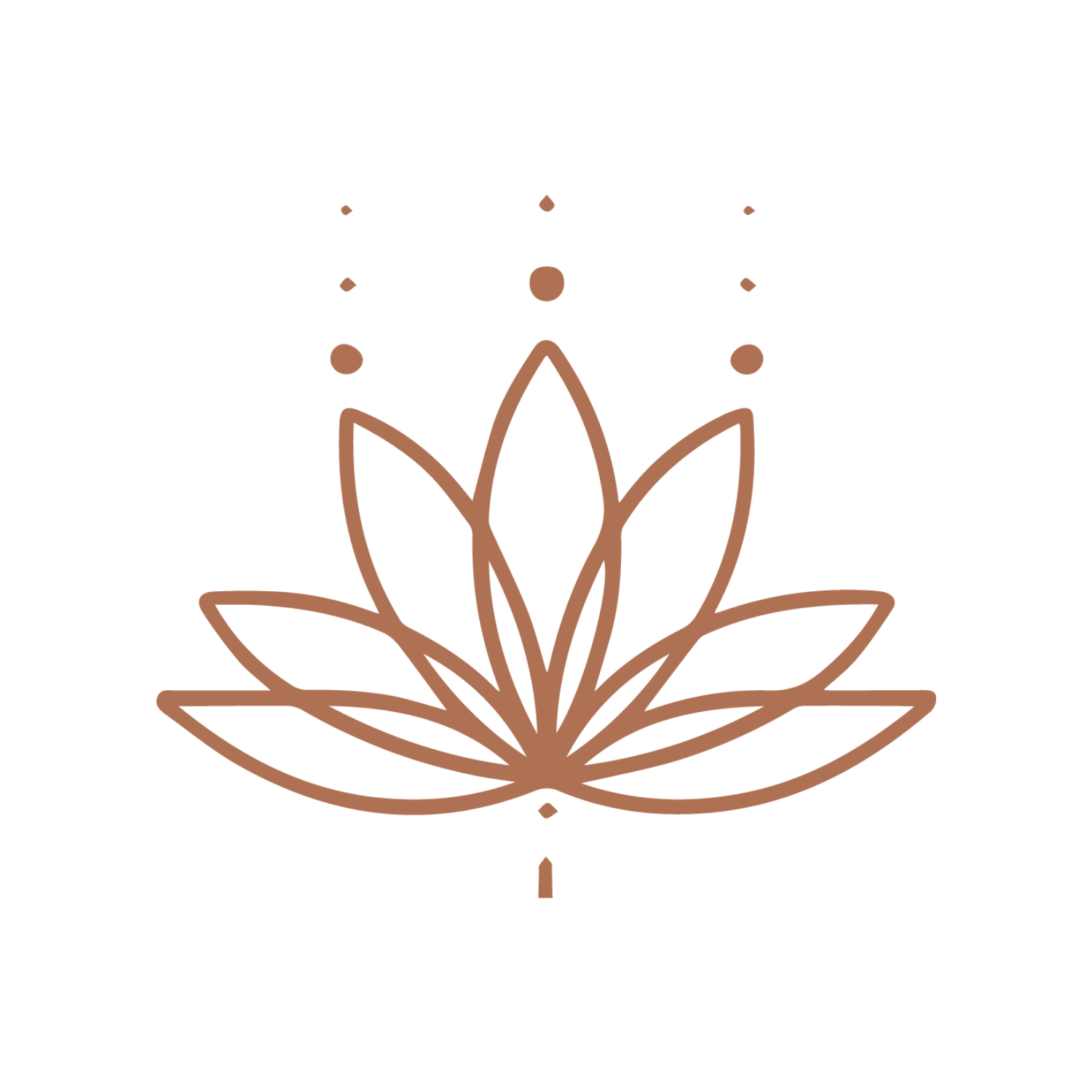 A stylized outline of a lotus flower with dotted lines above and below, in a minimalist, line art style with a brownish color on a black background.
