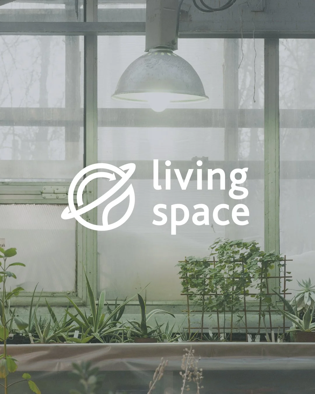 A greenhouse window with a hanging light and potted plants inside, featuring a white overlay of the 'living space' logo with a planet icon.