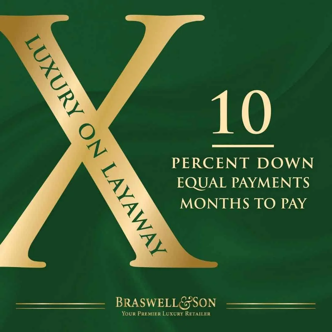 A green and gold promotional poster for luxury lawn care, highlighting 10% down equal payments over several months by Braswell & Son.