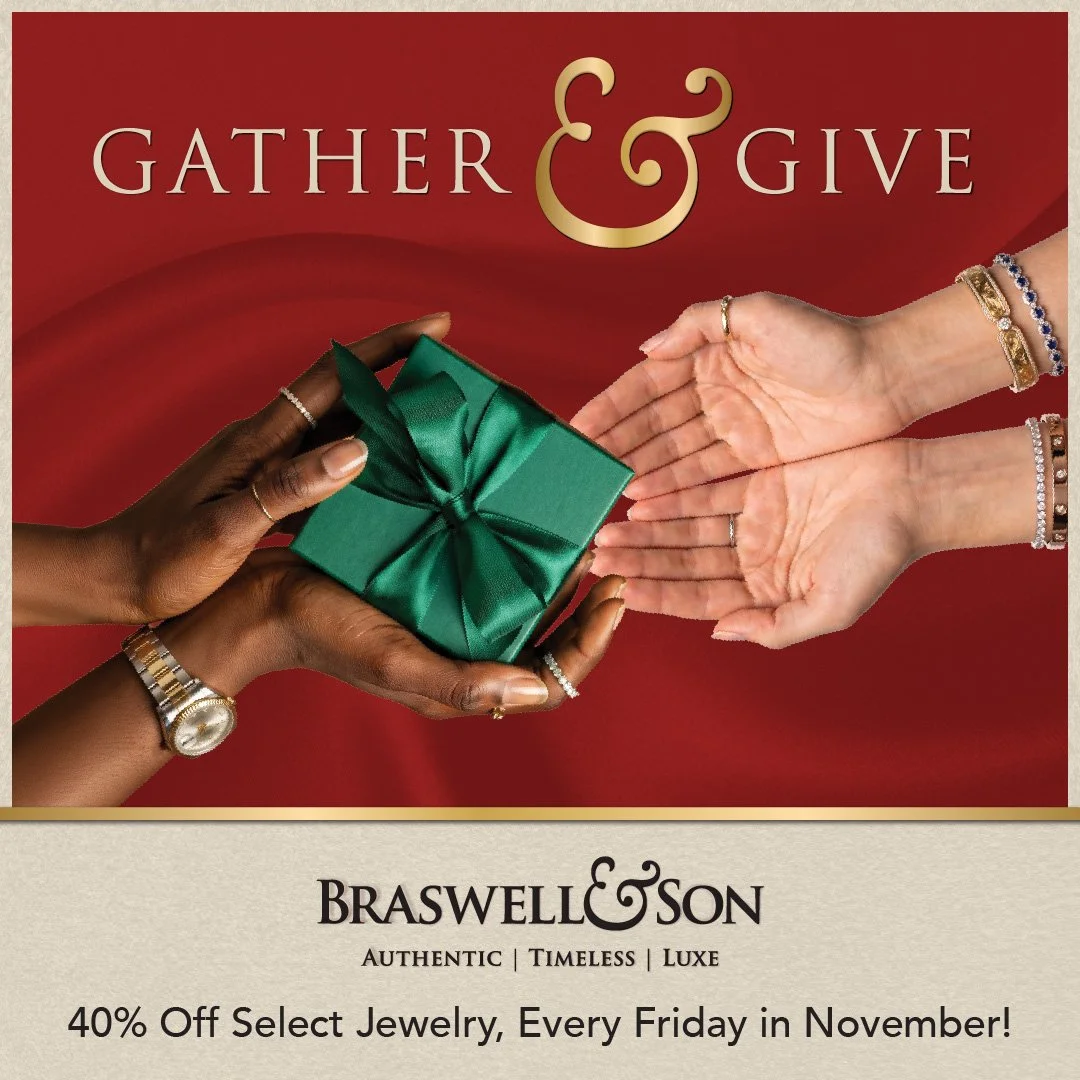 Braswell & Son jewelry promotion featuring hands exchanging a green gift box, with text offering 40% off select jewelry every Friday in November.