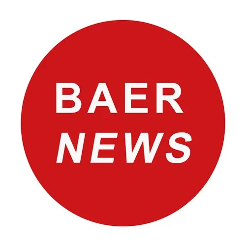 Roter Kreis mit weißen Text "BAER NEWS".