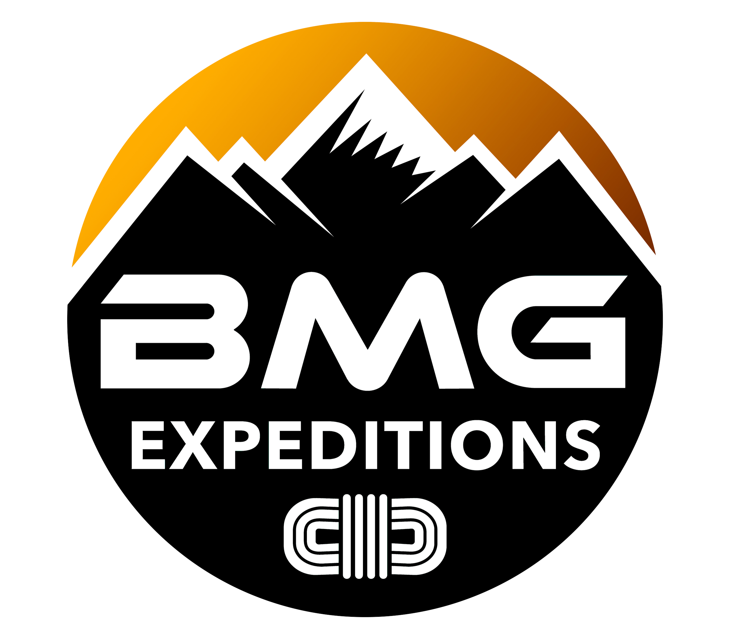 Logo of BMG Expeditions featuring a mountain range, a sunset, and the company name.