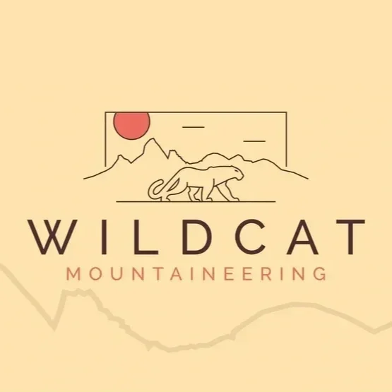 Logo for Wildcat Mountaineering with a mountain range, a sun, and a wildcat outline.