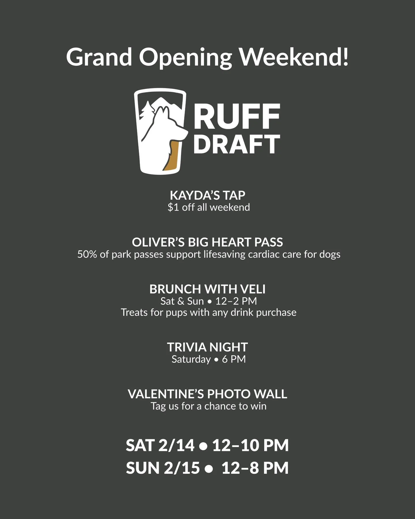 IT&rsquo;S GRAND OPENING WEEKEND 🐾🍻

We are officially opening our doors and we cannot wait to welcome you into Ruff Draft.

This space has been built with so much heart &mdash; for dogs, for their people. We can&rsquo;t wait to share it with you. 