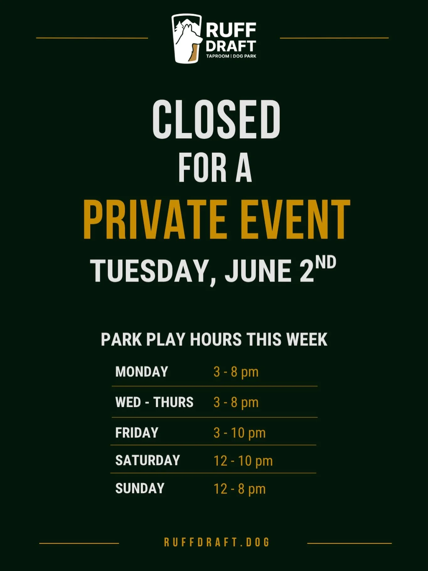 Happy Monday, friends! Heads up that Ruff Draft will be closed for park play on Tuesday, June 2nd for a private event.

Come play during our other park play hours this week. We&rsquo;ll see you and your pups soon!

#indoordogpark #taproom #craftbeer 
