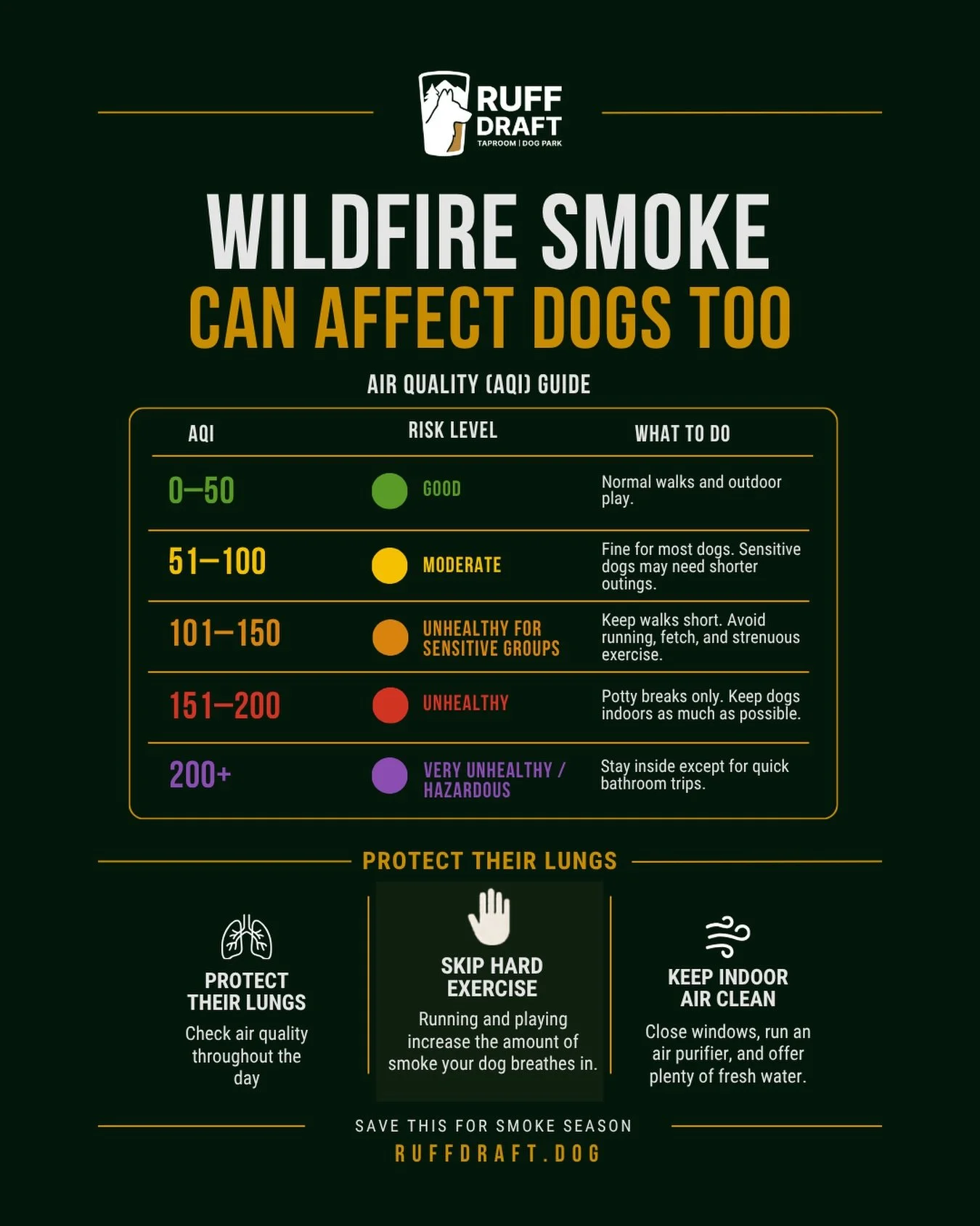 With wildfires currently burning across our region, we&rsquo;re thinking of the communities, people, and animals being affected.

Smoke can travel far beyond the fires themselves, and poor air quality can impact our dogs, too. Keep an eye on the AQI 