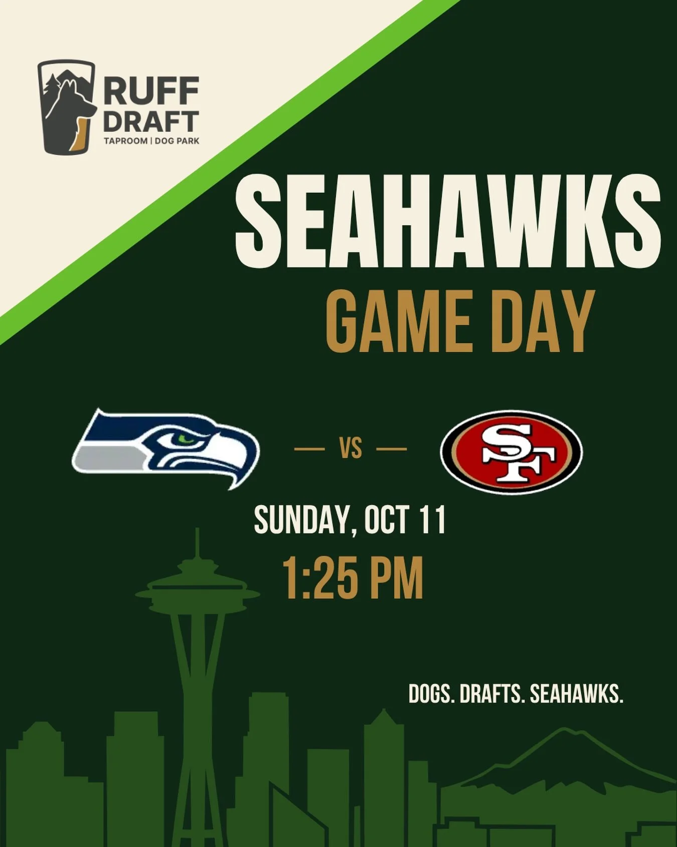 💚💙 IT&rsquo;S SEAHAWKS SUNDAY AT RUFF DRAFT! 🏈🐾

The Hawks are taking on the 49ers, and we&rsquo;ve got the game on the 150&rdquo; big screen with the SOUND ON! 🔊

Grab your crew (four-legged fans included) and come cheer with us!

Kickoff at 1:
