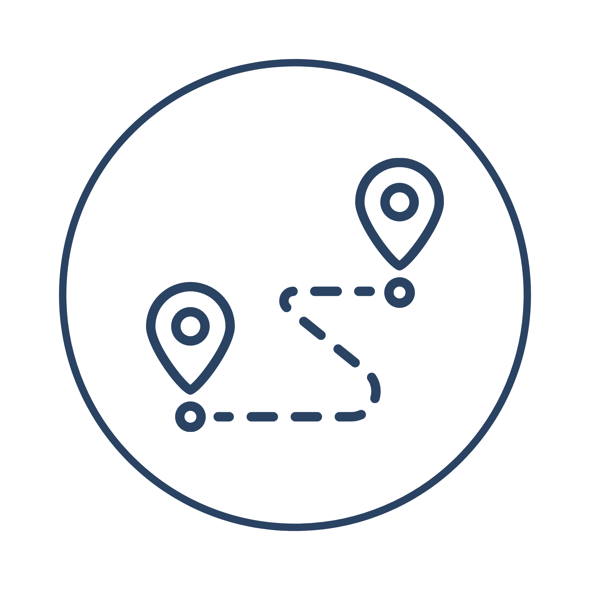 Circled map marker icon and dotted trail line on a dark background, representing navigation or location tracking.
