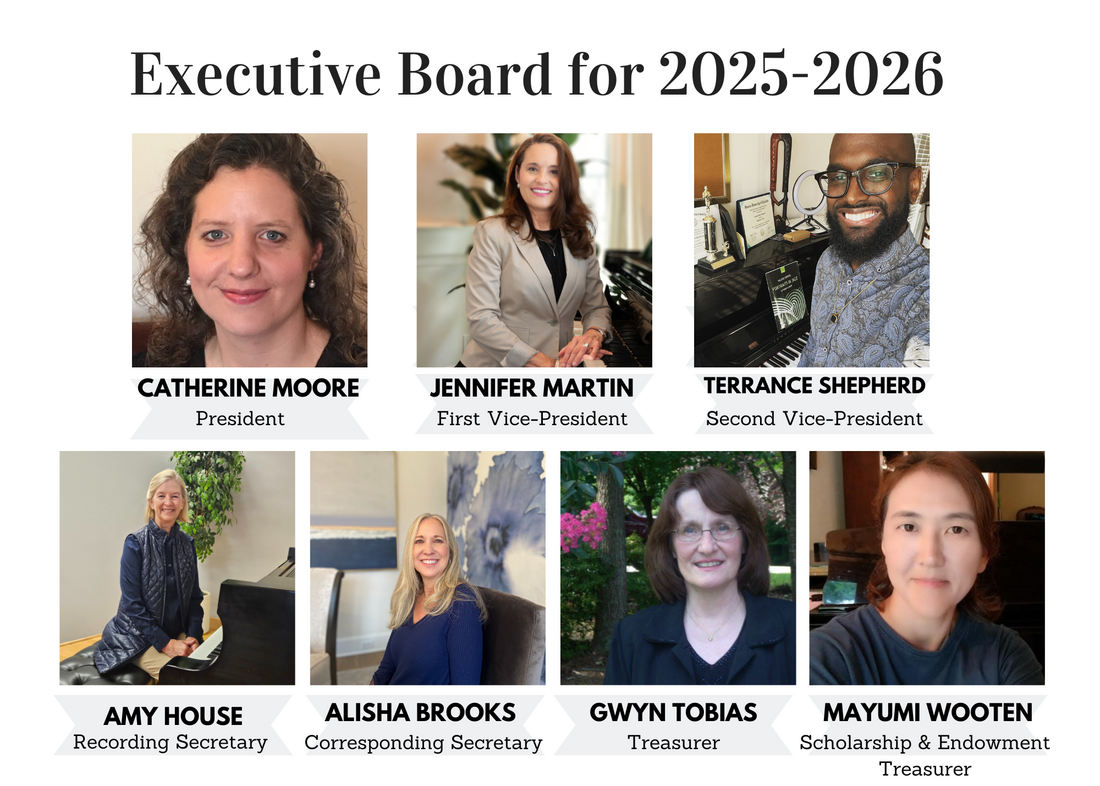 Group photo of the executive board for 2025-2026, including eight members with titles. Top row: Catherine Moore, President; Jennifer Martin, First Vice-President; Terrance Shepherd, Second Vice-President. Bottom row: Amy House, Recording Secretary; Alisha Brooks, Corresponding Secretary; Gwyn Tobias, Treasurer; Mayumi Wooten, Scholarship & Endowment Treasurer. Each person’s headshot is shown with their name and title underneath.