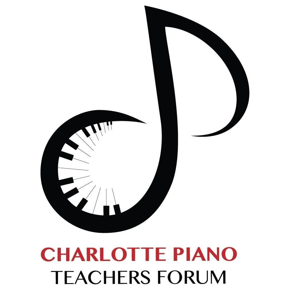 A logo for Charlotte Piano Teachers Forum featuring a stylized black piano keyboard forming a musical note.