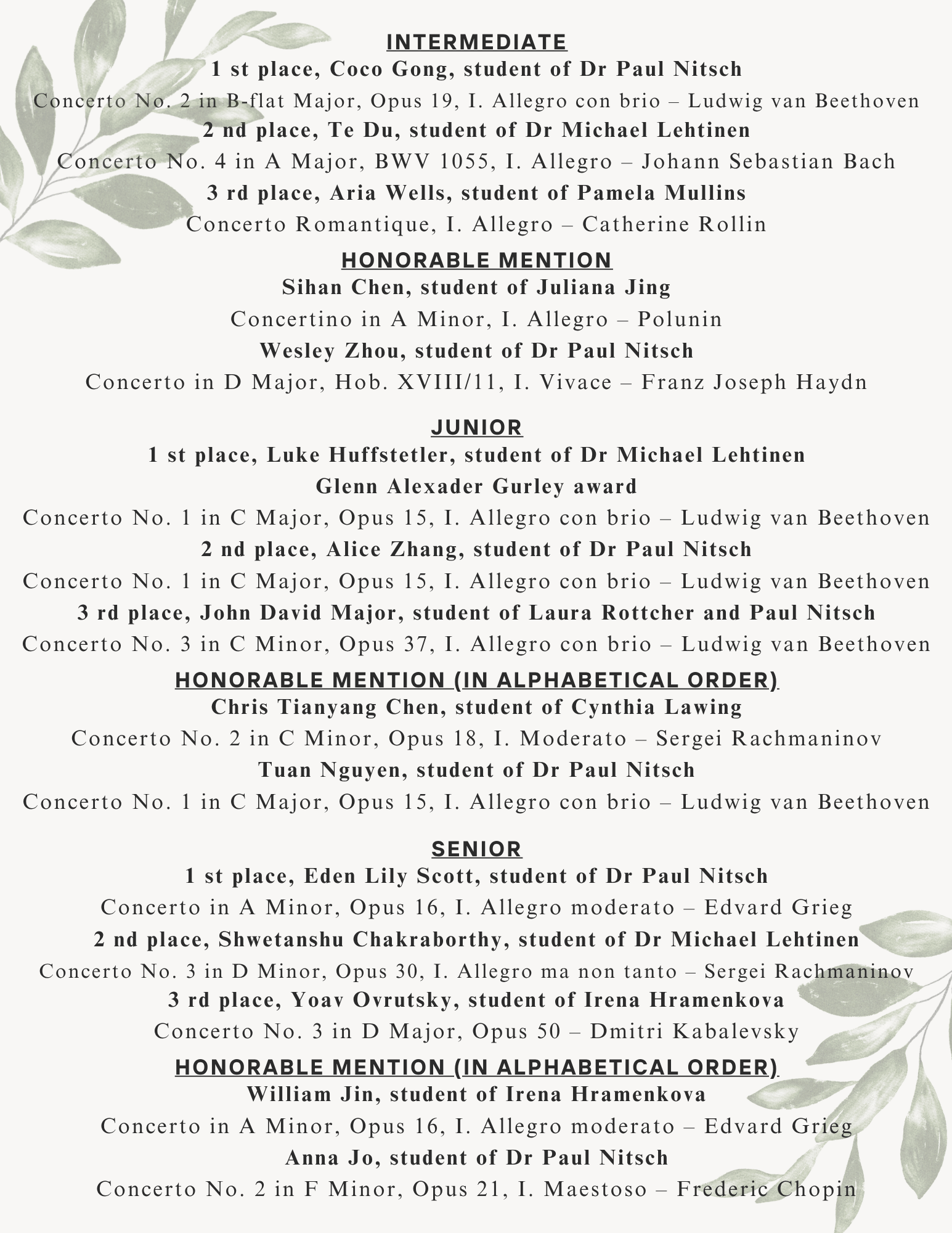 A printed program or list of music competition winners and honorees, with decorative green foliage in the background.