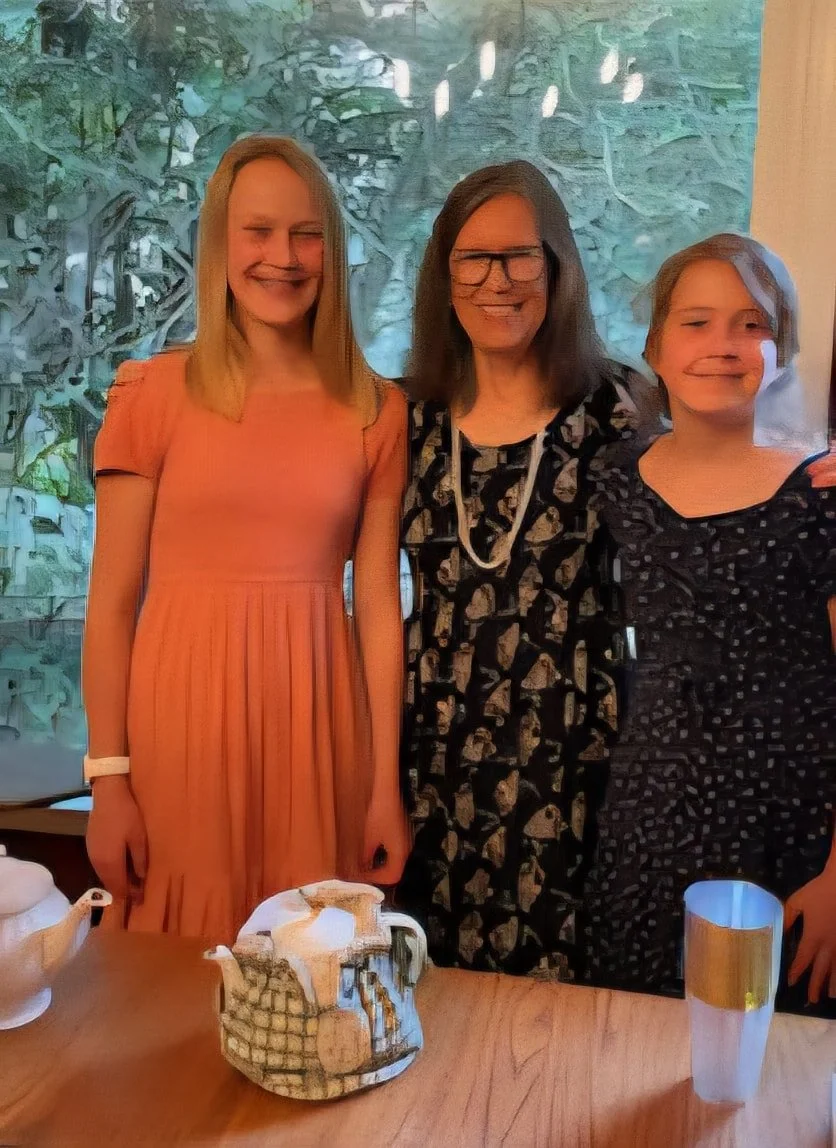 Three women standing together indoors, smiling, with a window showing greenery behind them, and teapots and a glass on a wooden table in front of them.