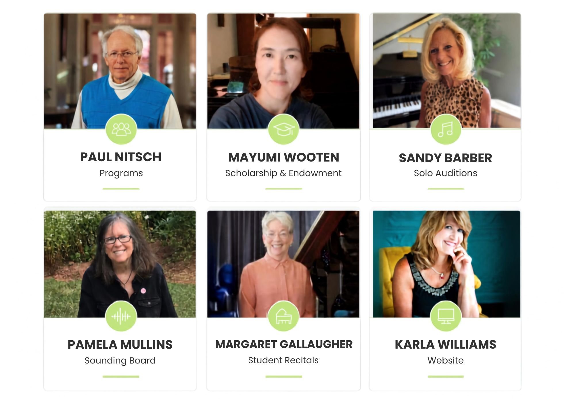 A grid of nine profile pictures of individuals, each with their name and profession. The top row features Paul Nitsch, Mayumi Wooten, and Sandy Barber, involved in programs, scholarship and endowment, and solo auditions respectively. The middle row shows Pamela Mullins, Margaret Gallaugher, and Karla Williams, with roles in sounding board, student recitals, and website.
