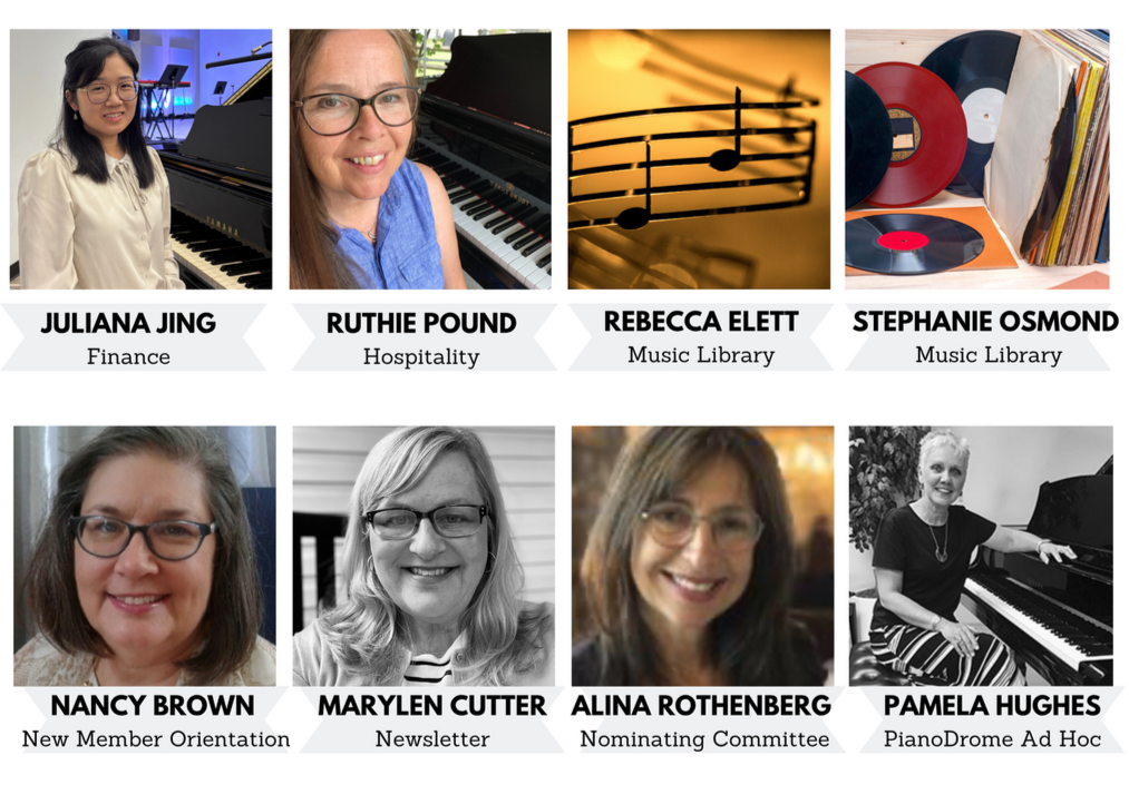 Grid of eight professional headshots with names and roles, including Juliana Jing in finance, Ruthie Pound in hospitality, Rebecca Elett and Stephanie Osmond in music library, Nancy Brown in new member orientation, Marylen Cutter in newsletter, Alina Rothenberg in nominating committee, and Pamela Hughes at a piano.