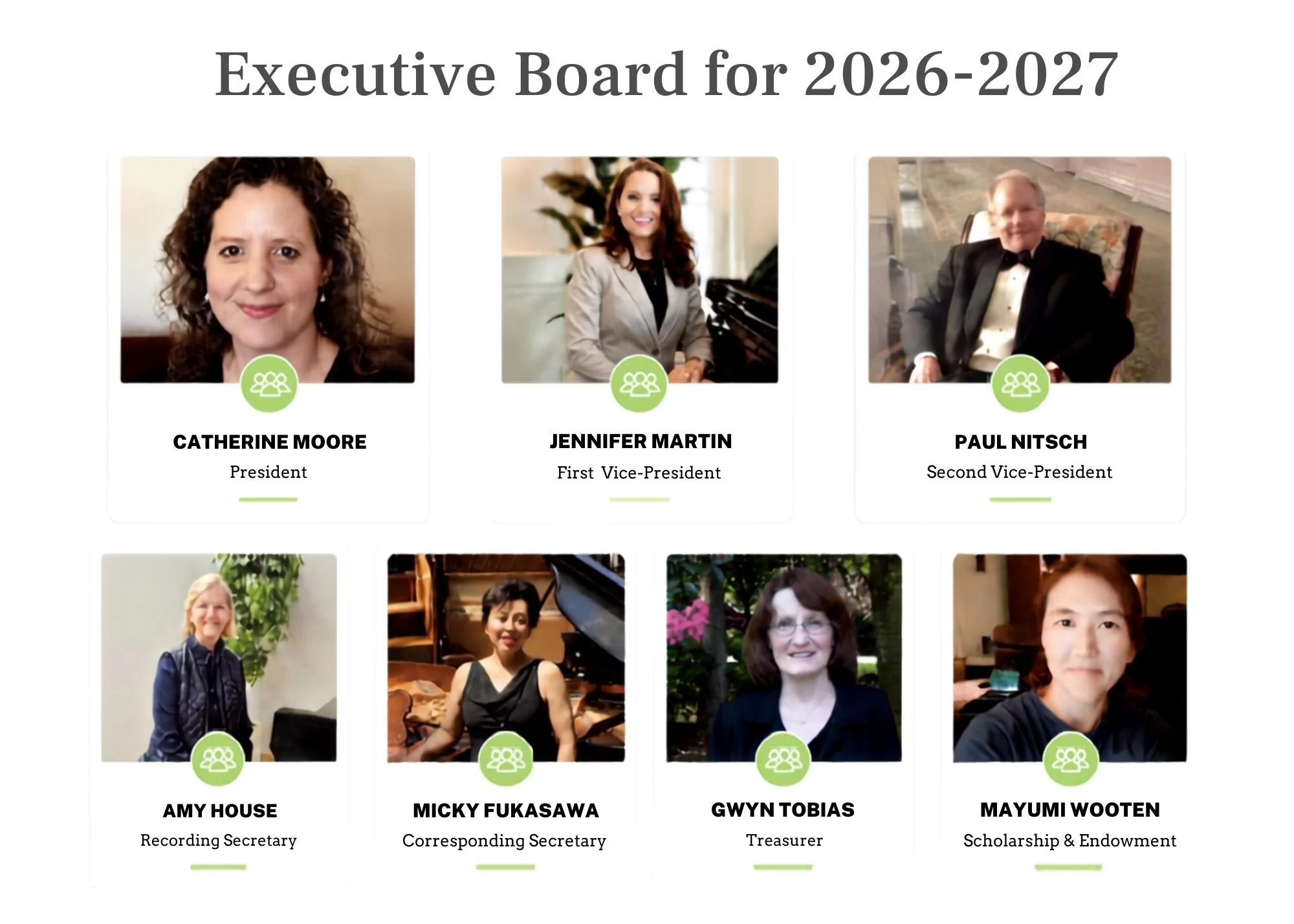 A digital collage of photos of seven individuals, each with their name, title, and a green icon of three people beneath their picture. The individuals are: Catherine Moore, President; Jennifer Martin, First Vice-President; Paul Nitsch, Second Vice-President; Amy House, Recording Secretary; Micky Fukasawa, Corresponding Secretary; Gwyn Tobias, Treasurer; and Mayumi Wooten, Scholarship & Endowment.