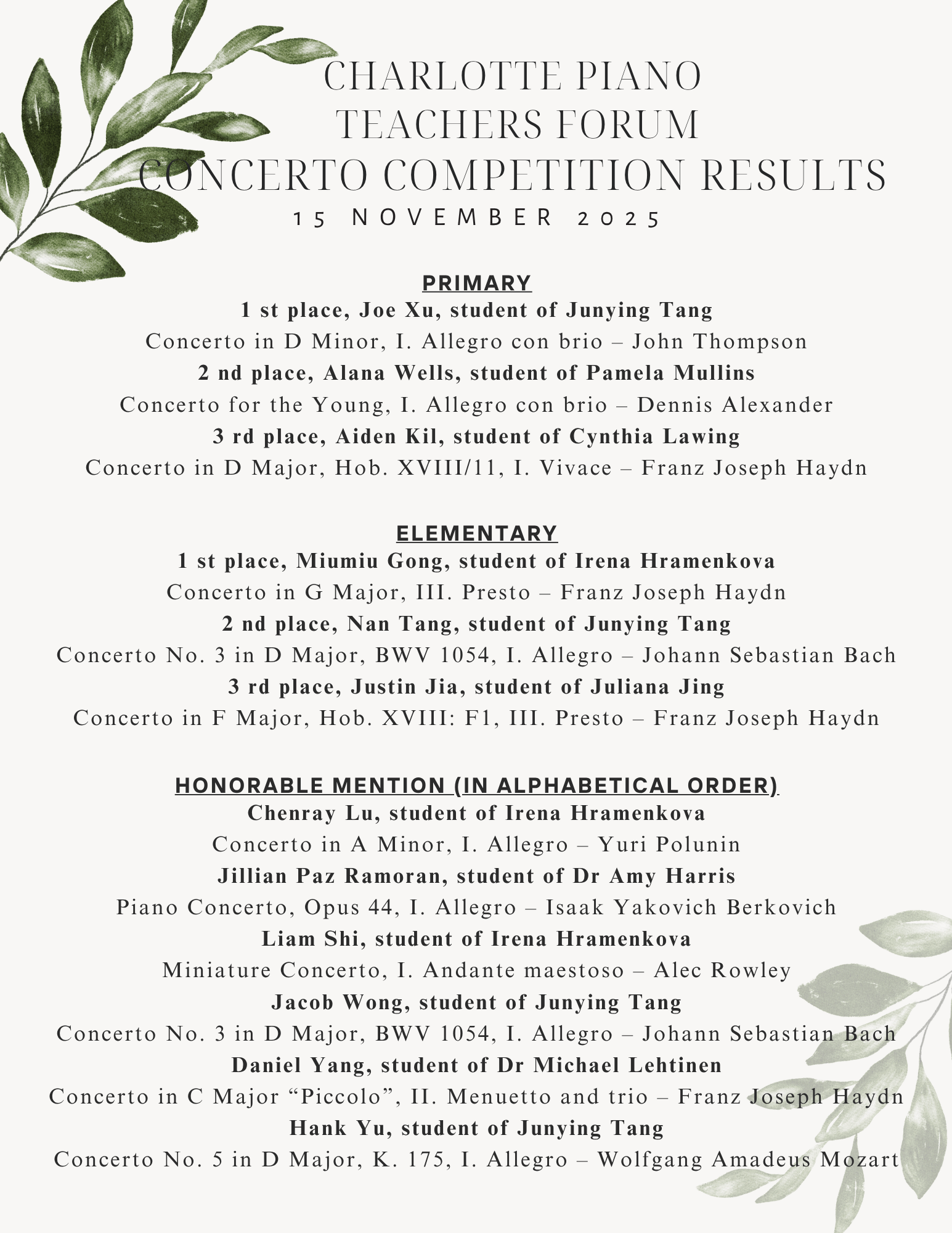 A program or announcement for the Charlotte Piano Teachers Forum Concerto Competition Results held on November 15, 2025, featuring top student awards in primary and elementary categories, with a decorative leafy border.