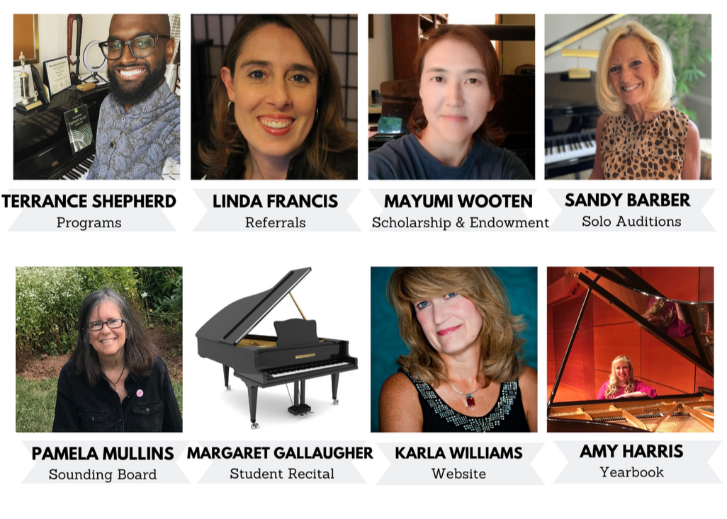 Portraits of eight individuals with their names and roles underneath, including a man at a piano, four women, a grand piano, and a woman at a grand piano, all on a white background.