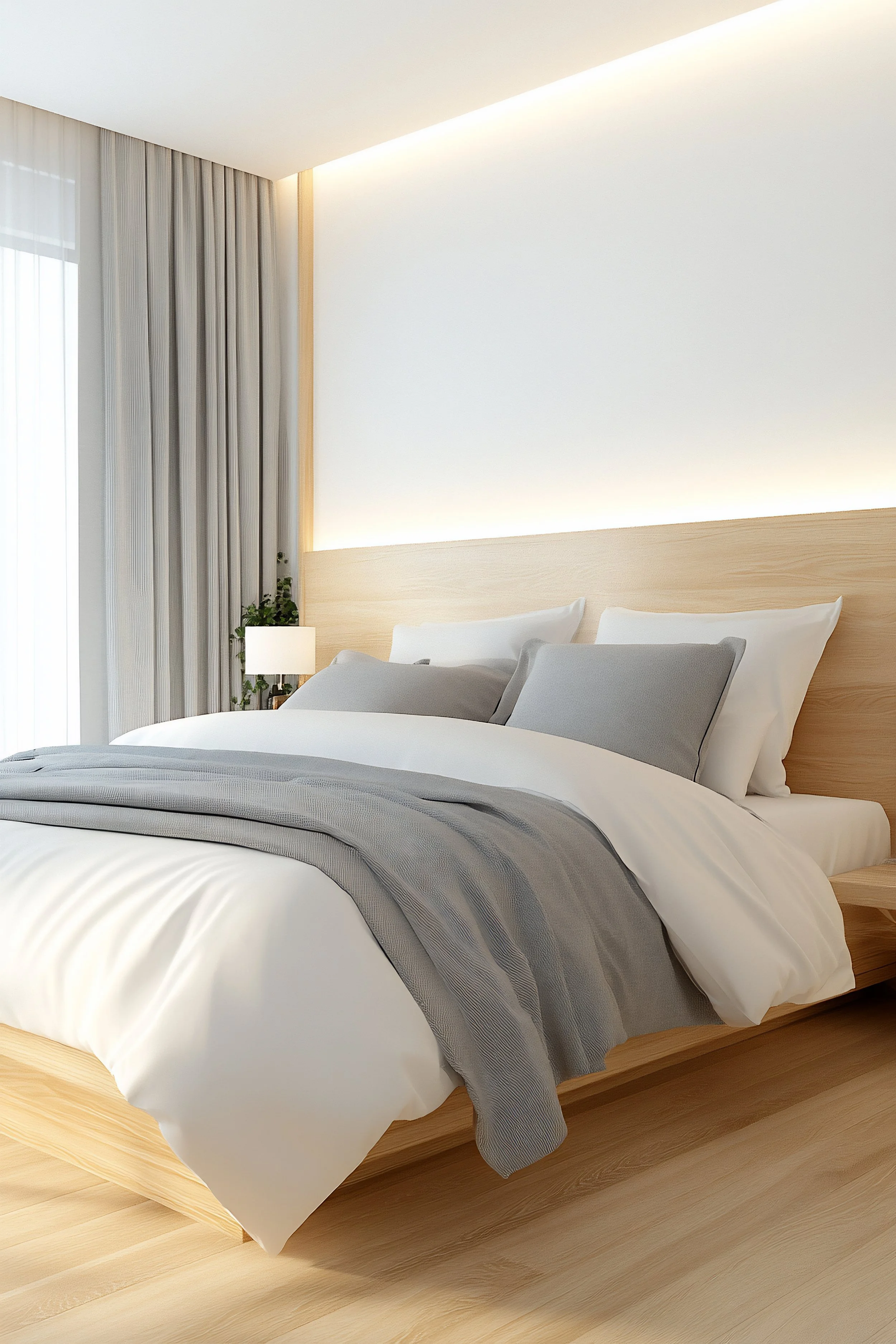 A neatly made bed with white and grey bedding in a modern, bright bedroom. There is a wooden headboard, a small bedside table with a lamp, and curtains by the window.