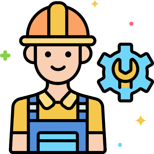 Cartoon of a smiling construction worker wearing a yellow hat and overalls, with a gear and wrench symbol behind him.