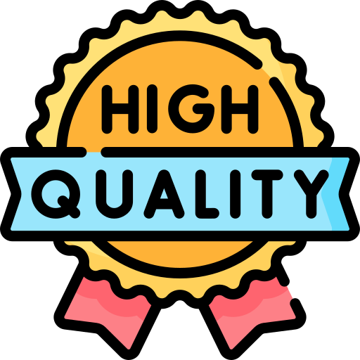 A badge with a gold border that says "High Quality" on a blue ribbon.